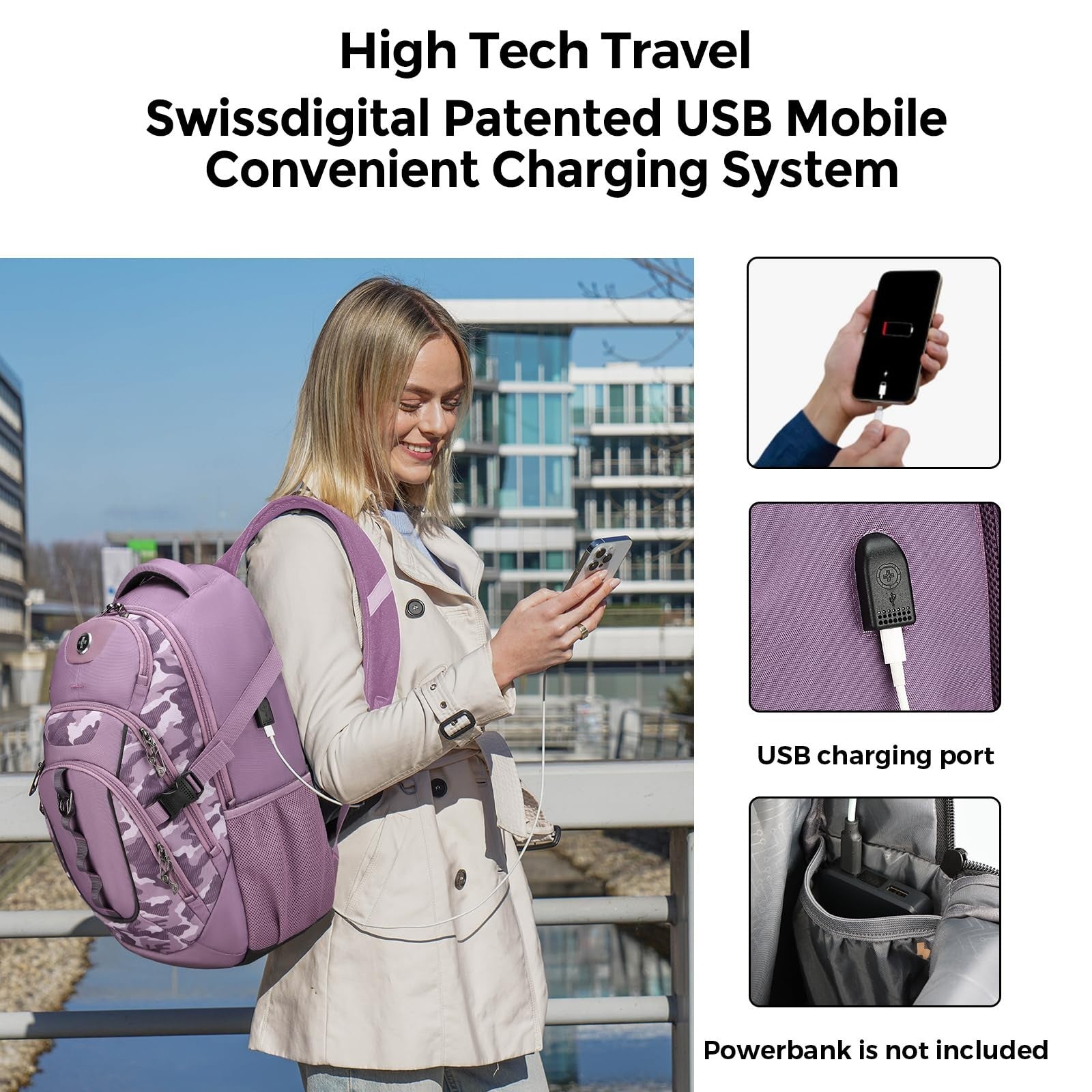 Stylish Pink Camo Laptop Backpack with USB Charging, Fits 15.6" Computer, 31L Tr2