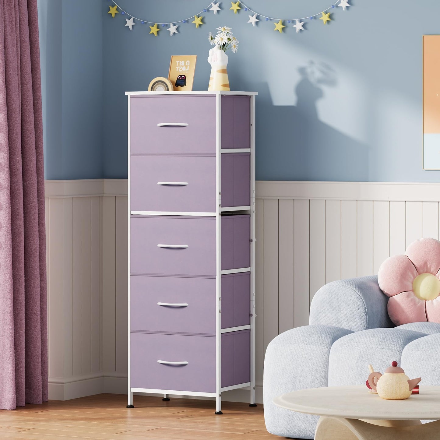 Tall Dresser for Bedroom - 5 Drawer Vertical Storage Chest, Purple Fabric, Small2