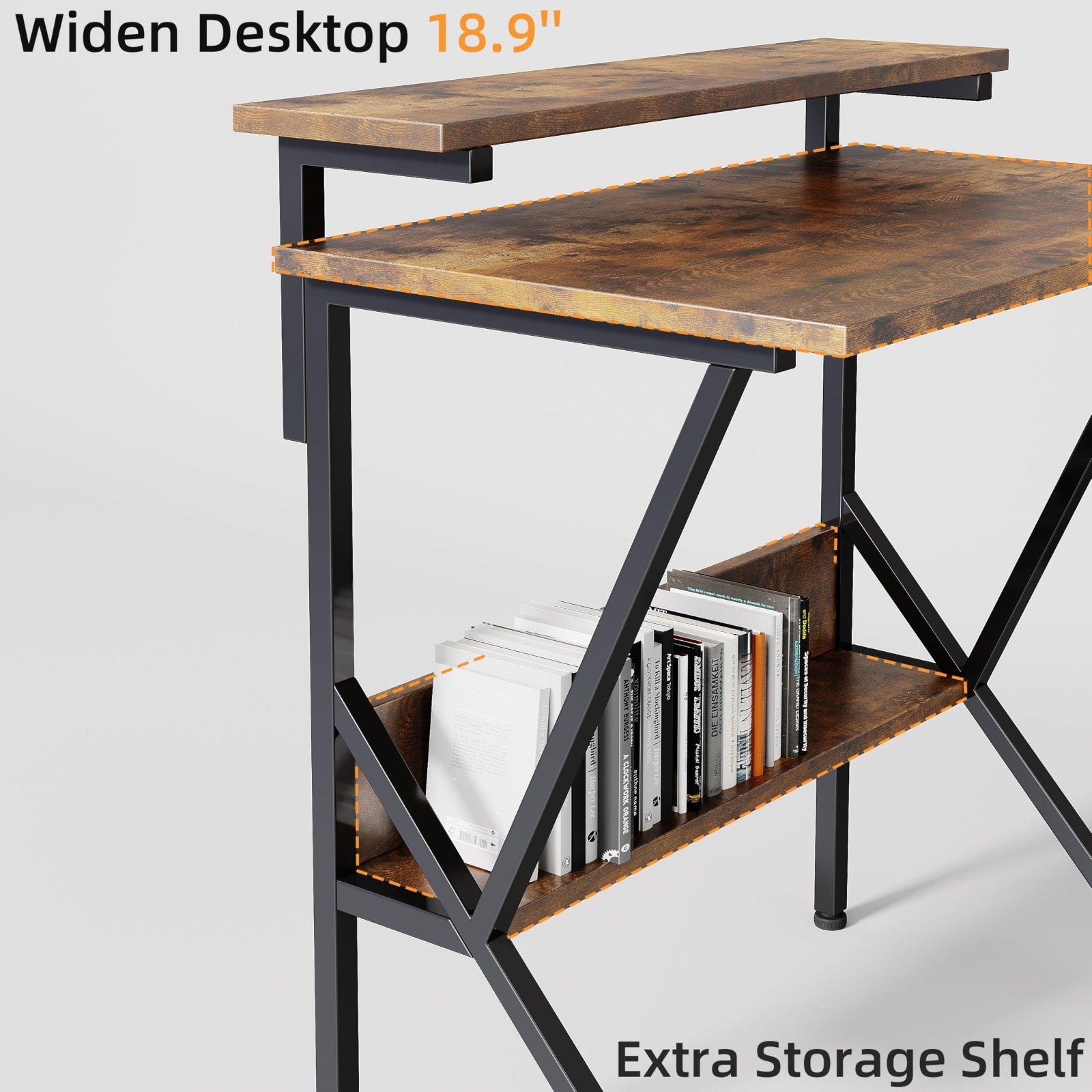 Compact Computer Desk with Adjustable Monitor Stand & Storage - Rustic Brown3