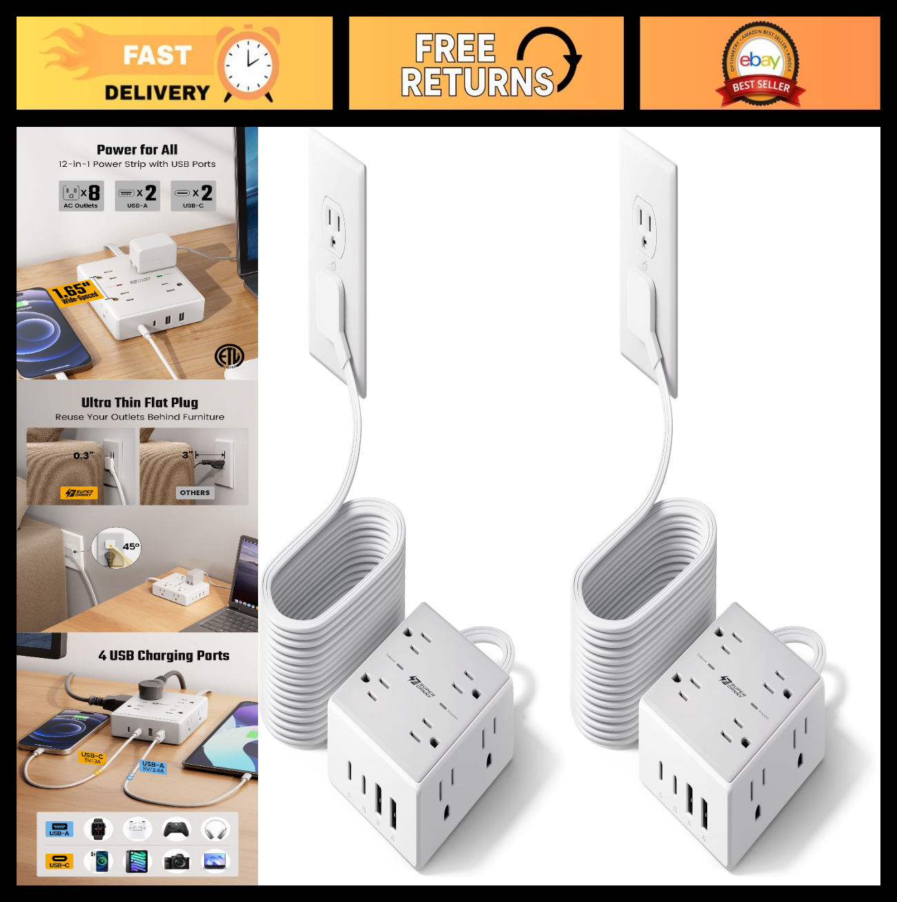 20Ft Flat Plug Surge Protector Power Strip Extension Cord   2 Pack, Heavy Duty0