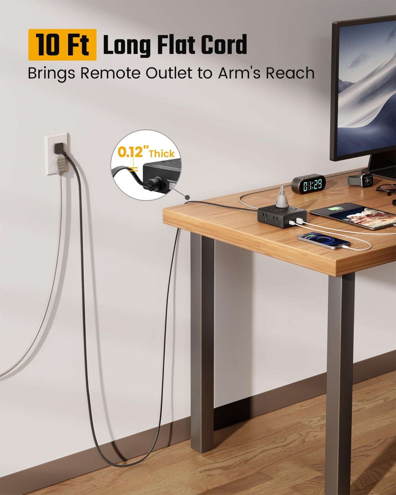 10FT Flat Plug Extension Cord with Surge Protector Power Strip   6 Outlets2