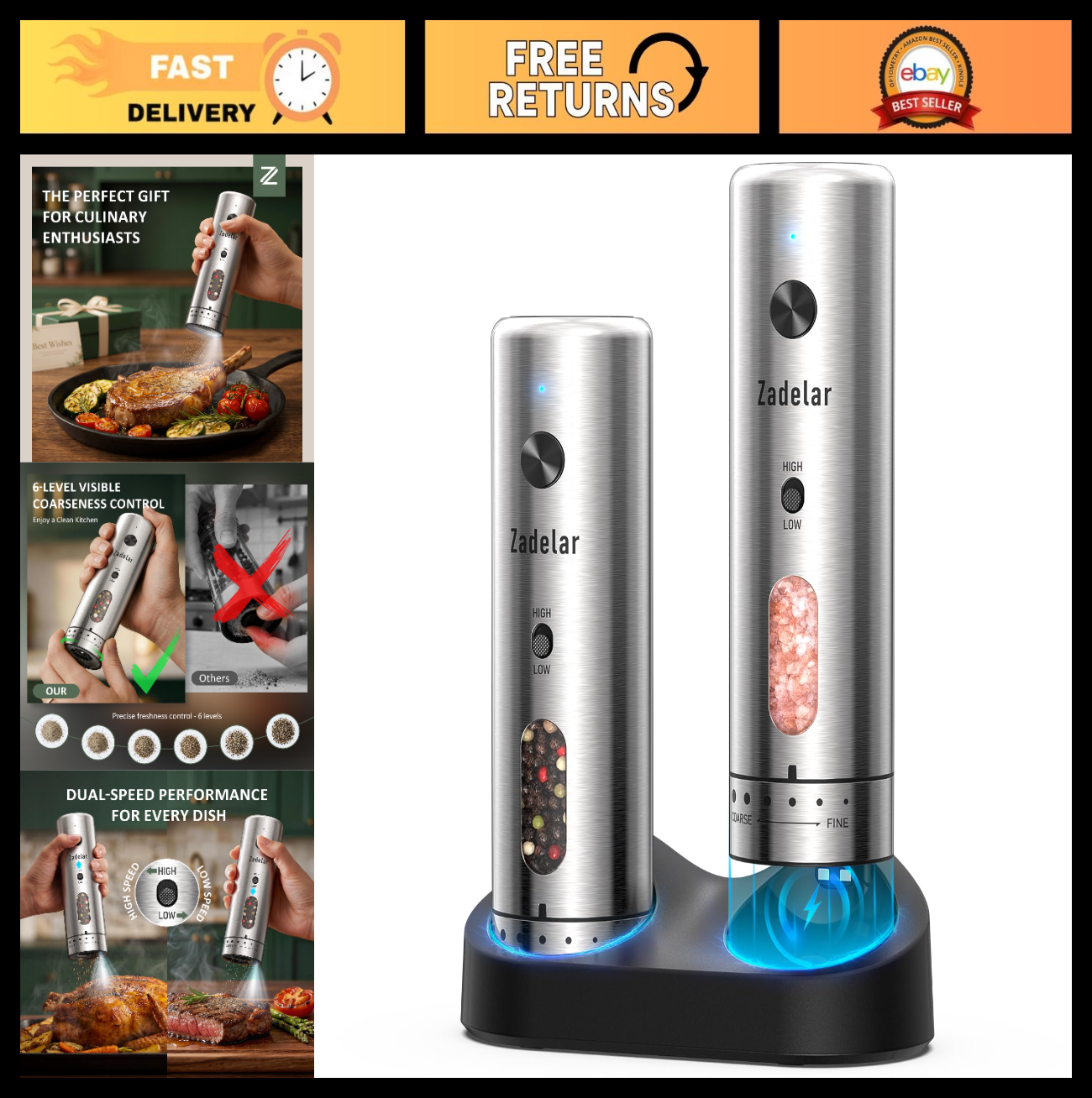Rechargeable Electric Salt & Pepper Grinder Set   Adjustable Coarseness, One Han0