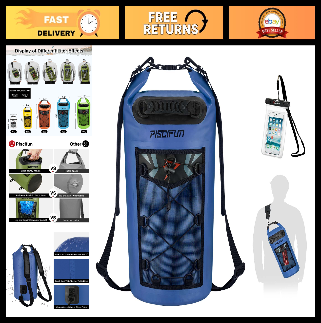 Waterproof Floating Backpack 10L/20L/30L/40L with Phone Case for Kayaking & Fish0