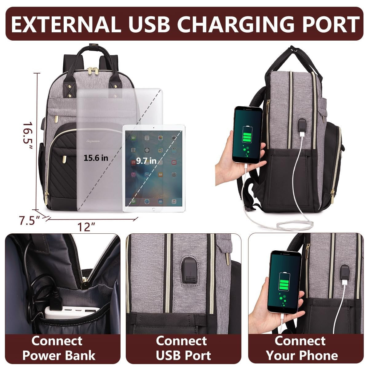 Stylish Anti Theft Laptop Backpack for 15.6" Laptops, Waterproof Travel Bag, Gre3