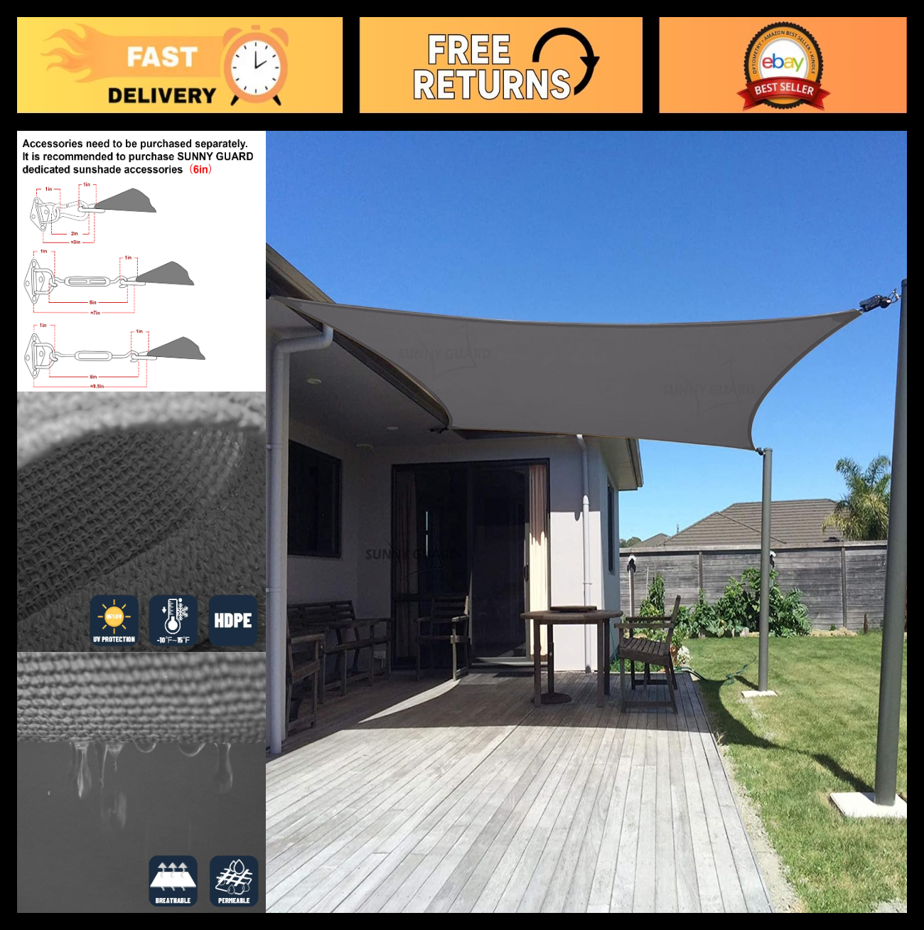 Rectangle Sun Shade Sail 10' x 13' UV Block Canopy for Patio, Deck, Garden, Outd0