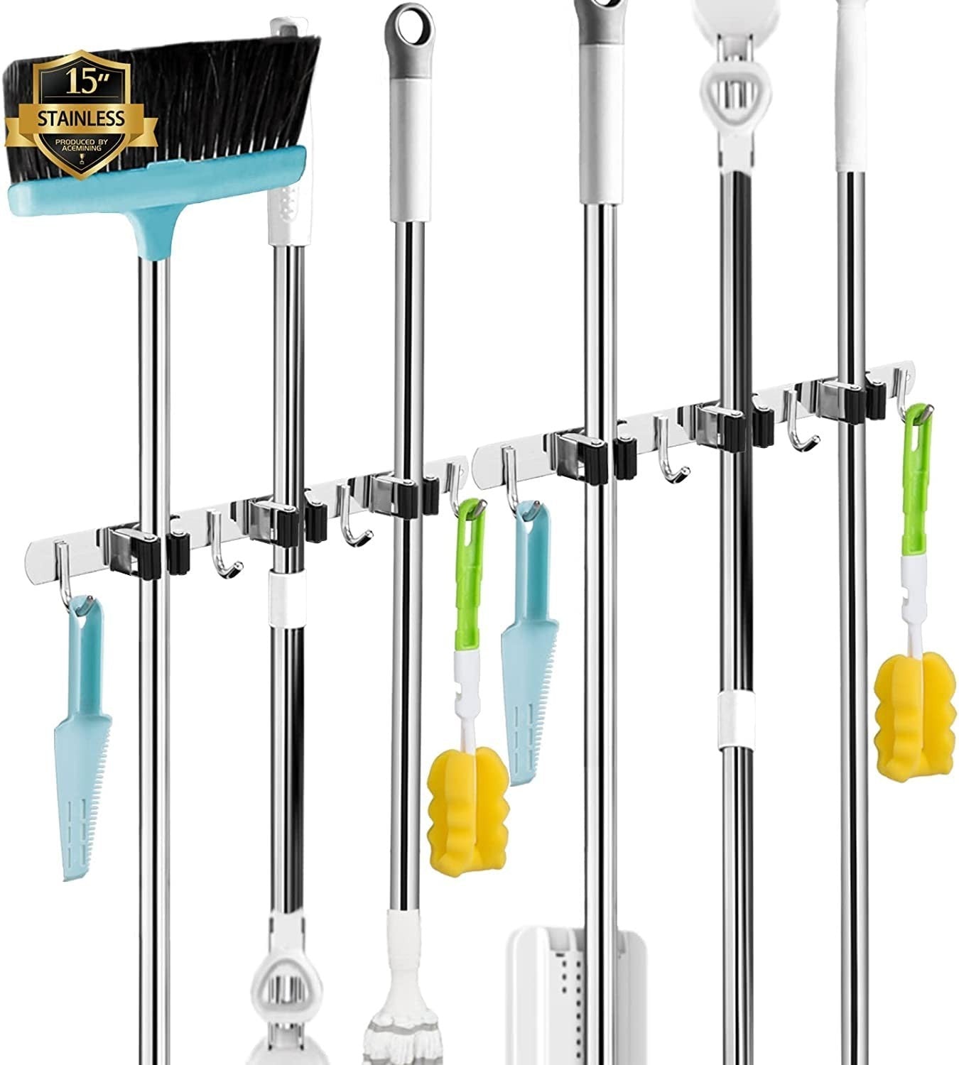 2 Pack Wall Mount Broom Holder - 3 Racks & 4 Hooks Mop Organizer Storage1