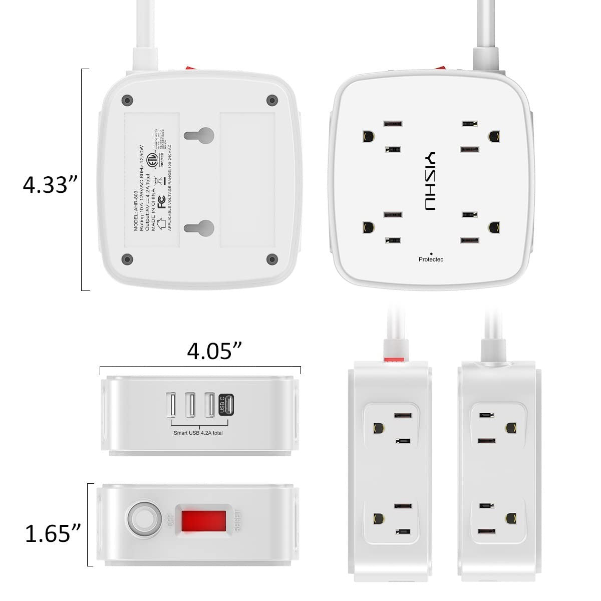 15 Ft Power Strip Surge Protector   8 Outlets, 4 USB Ports, Flat Plug, Wall Moun6