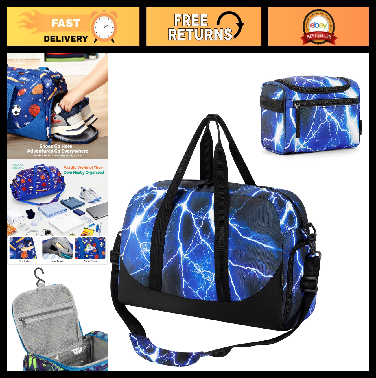 Kids Duffle Bag for Boys - Overnight Travel Gym Bag with Toiletry Pouch, Blue0