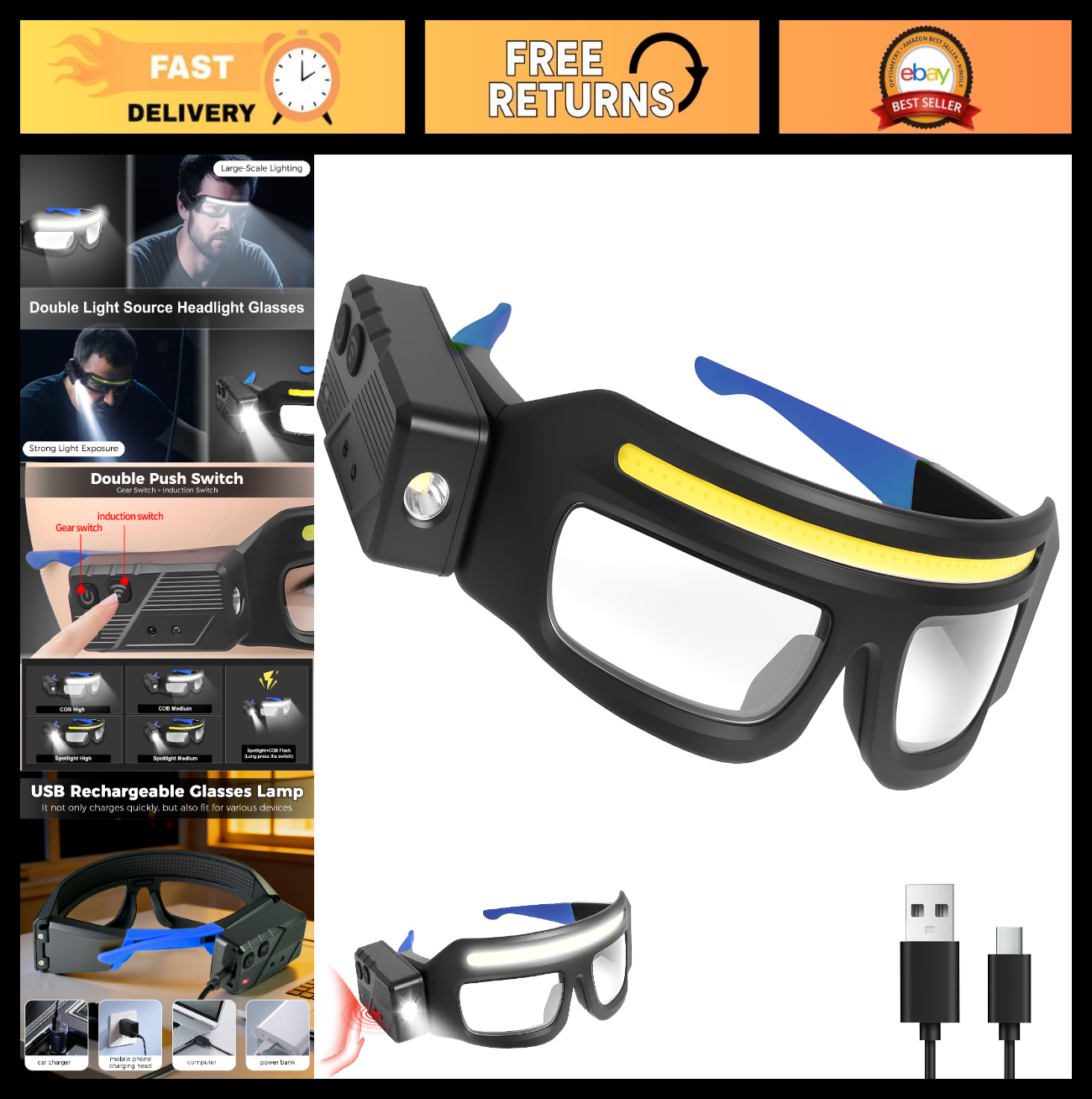 Adjustable Motion Sensor Headlamp Glasses   Rechargeable Safety Light for Campin0
