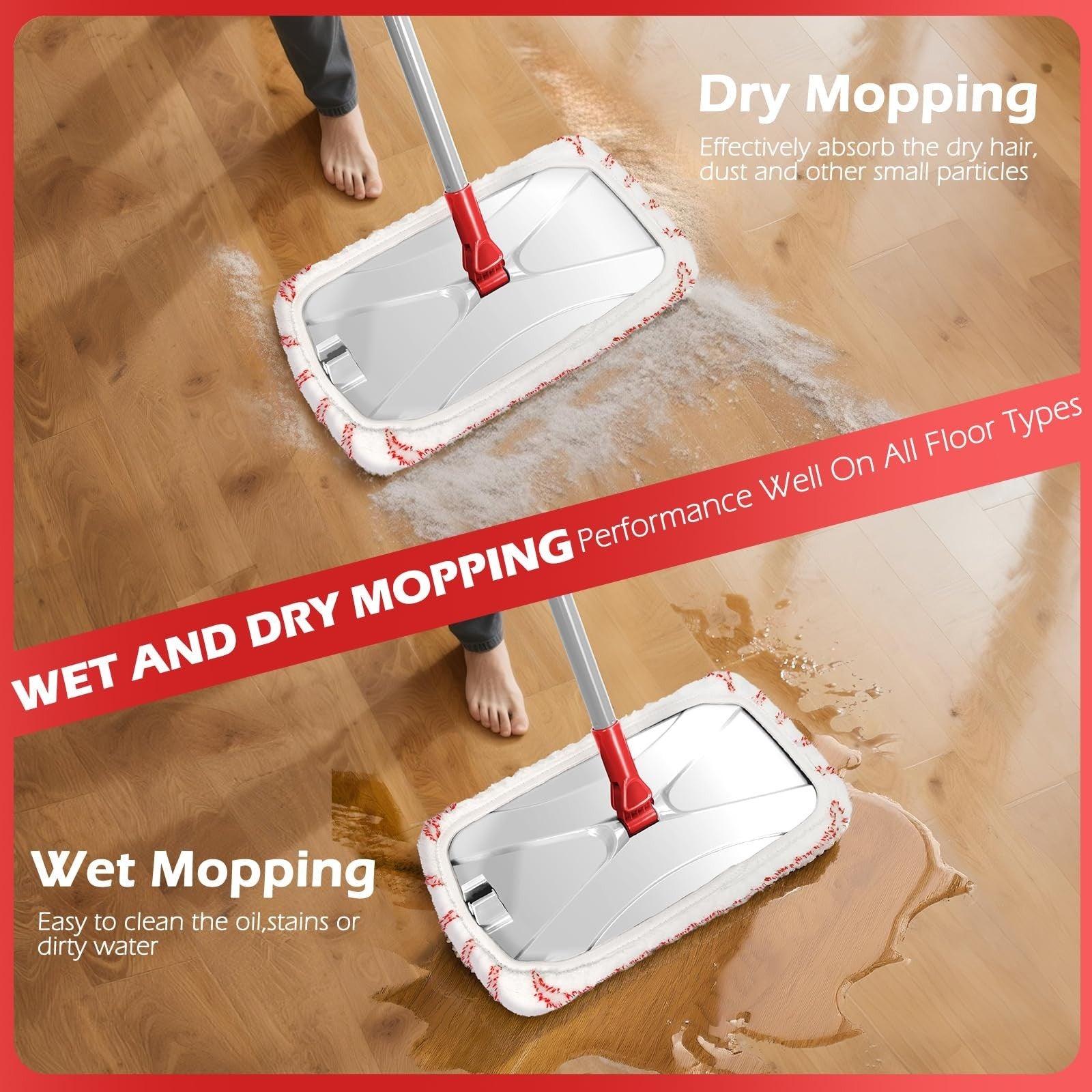 Extra Large Microfiber Flat Mop 16" with 5 Pads & Scraper for Wet/Dry Floor Clea5
