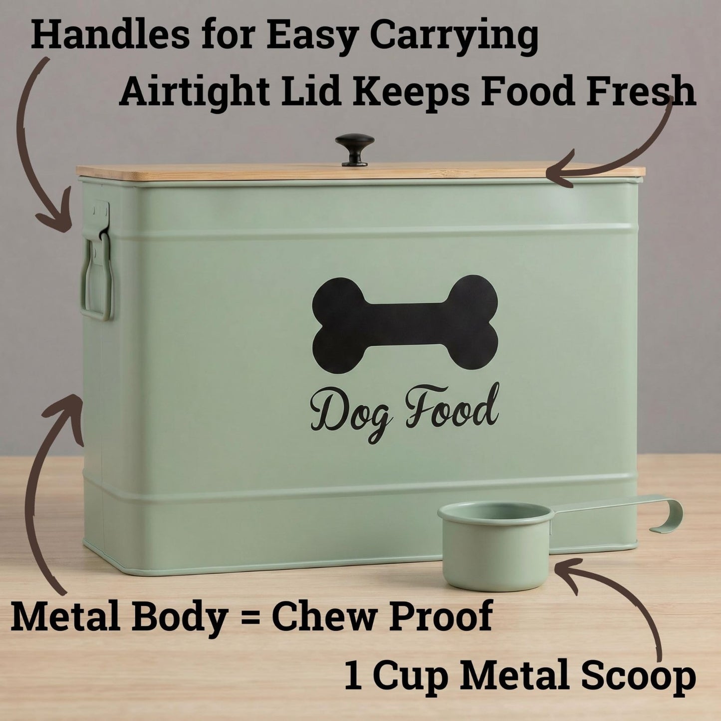 Airtight Metal Dog Food Storage Container 15 20 lbs, 70 Cup Capacity, Bamboo Lid3