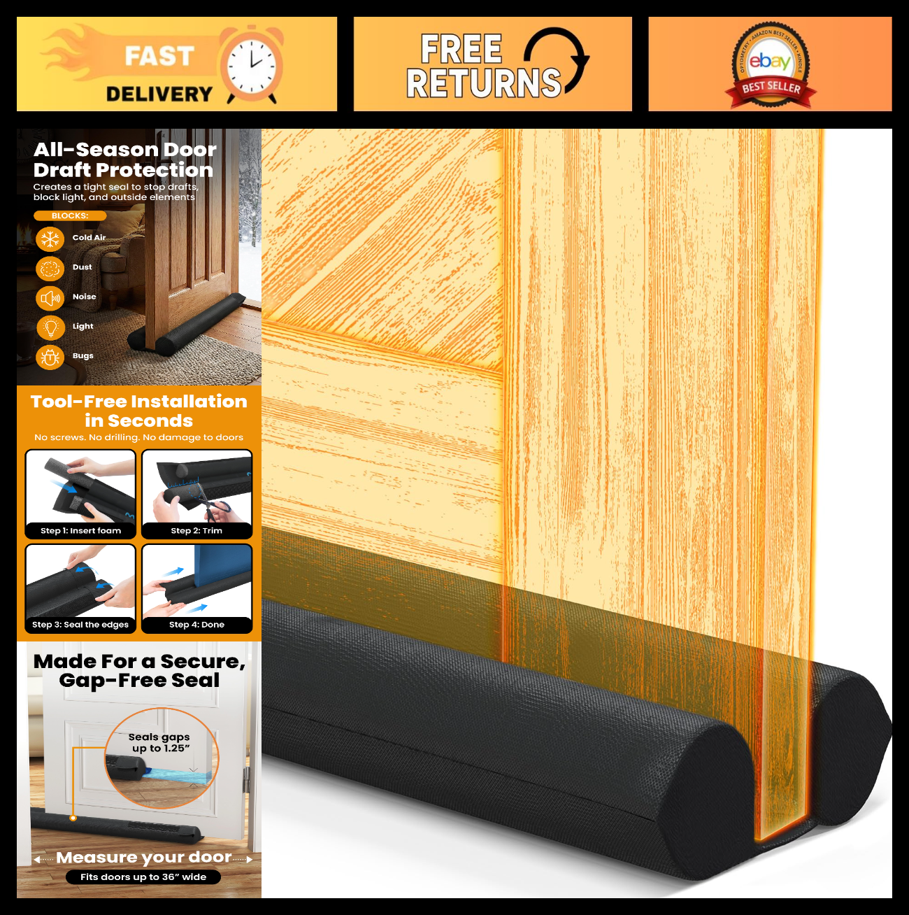 2 Sided Door Draft Stopper   Insulates & Blocks Noise, Fits 30" 36" Doors, Easy0