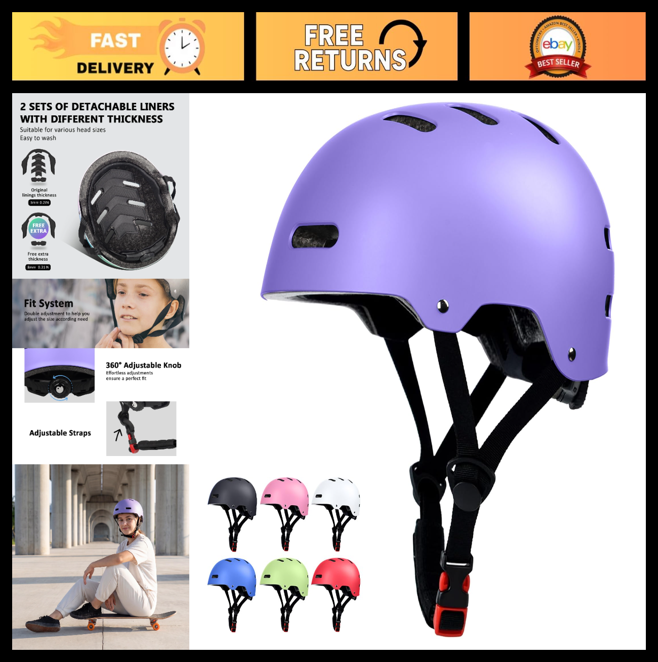 Multi-Sport Helmet for Skateboard, Bike, Scooter - Adjustable, Lightweight, Vent0