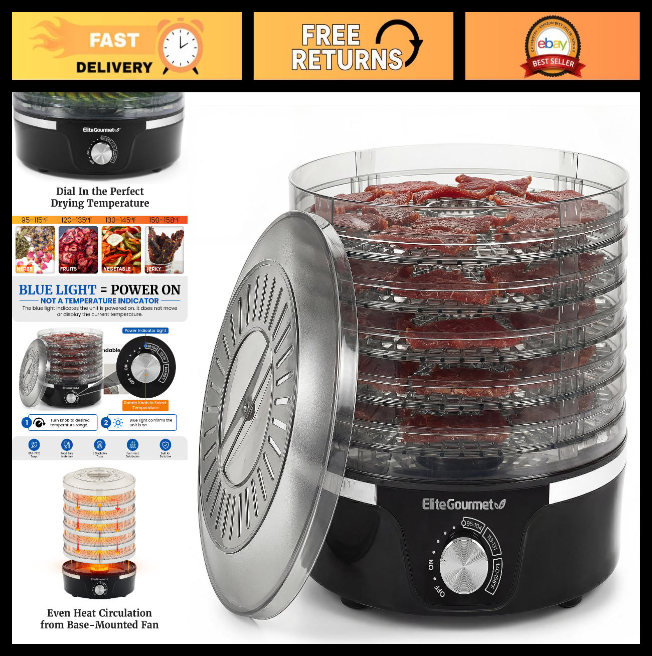 5-Tray Food Dehydrator with Adjustable Temperature for Jerky, Fruits & Veggies0