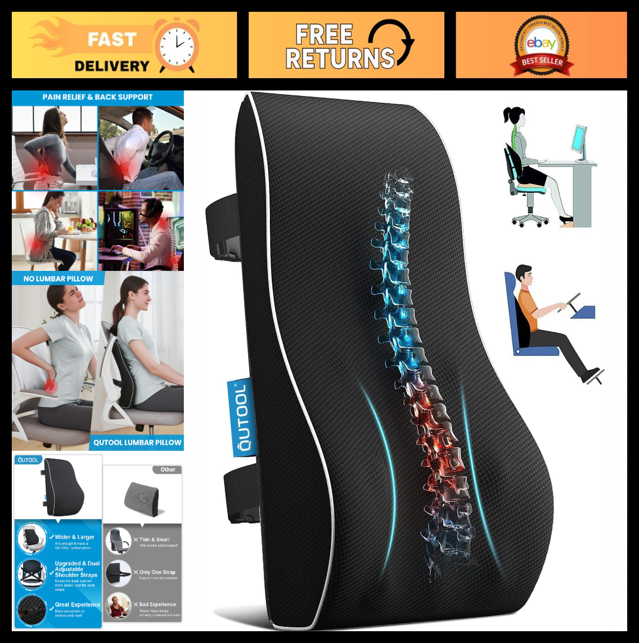 Ergonomic Lumbar Support Pillow for Office Chair & Car, Back Pain Relief, Adjust0