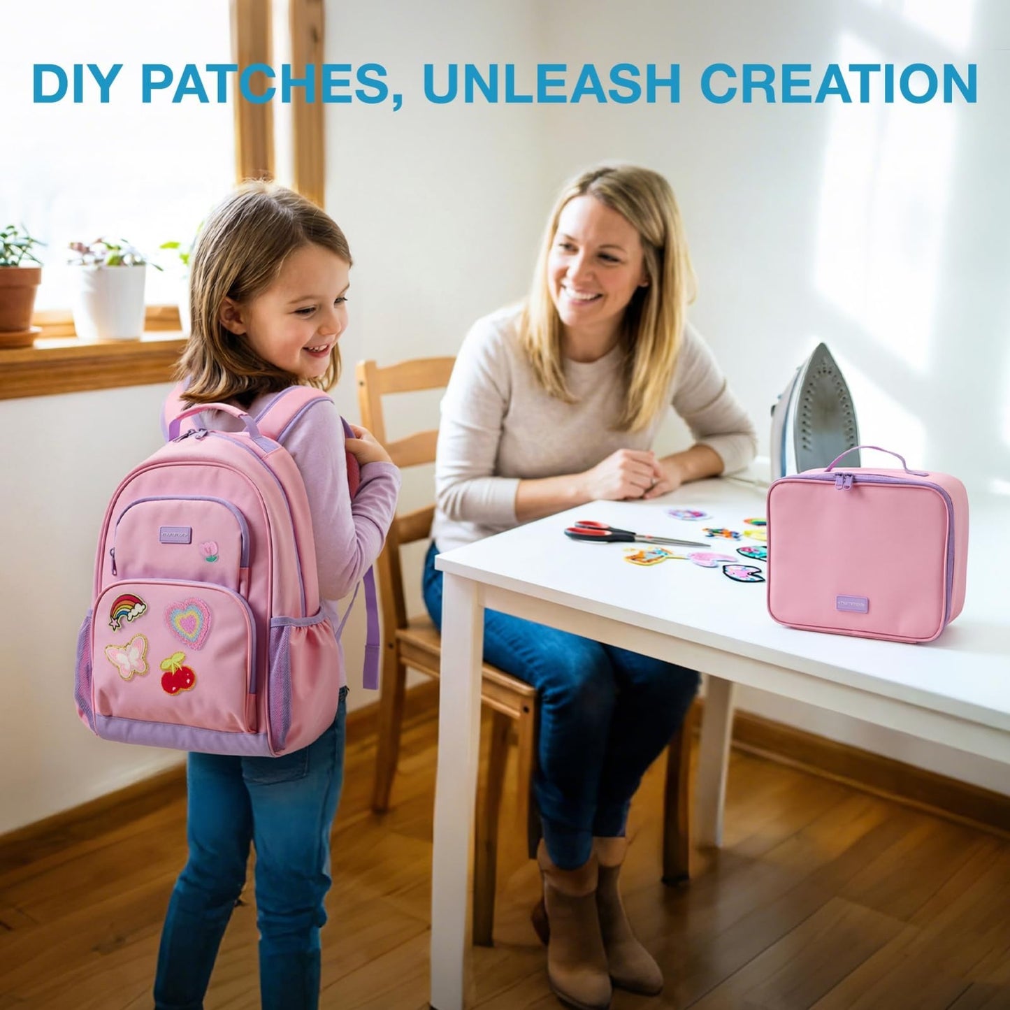 Personalized Girls Backpack Set - Custom School Bookbag with Iron-On Patches, 3P3