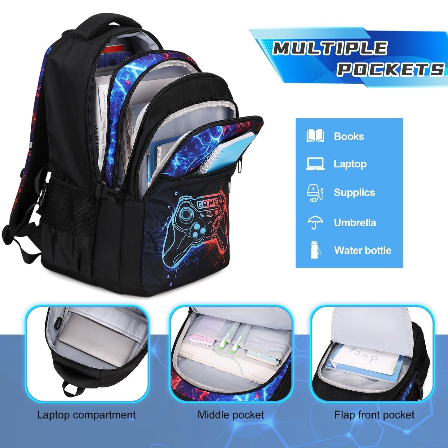 Cool Luminous Gamer Backpack Set for Boys, 6PCS with Insulated Water Bottle & Lu2