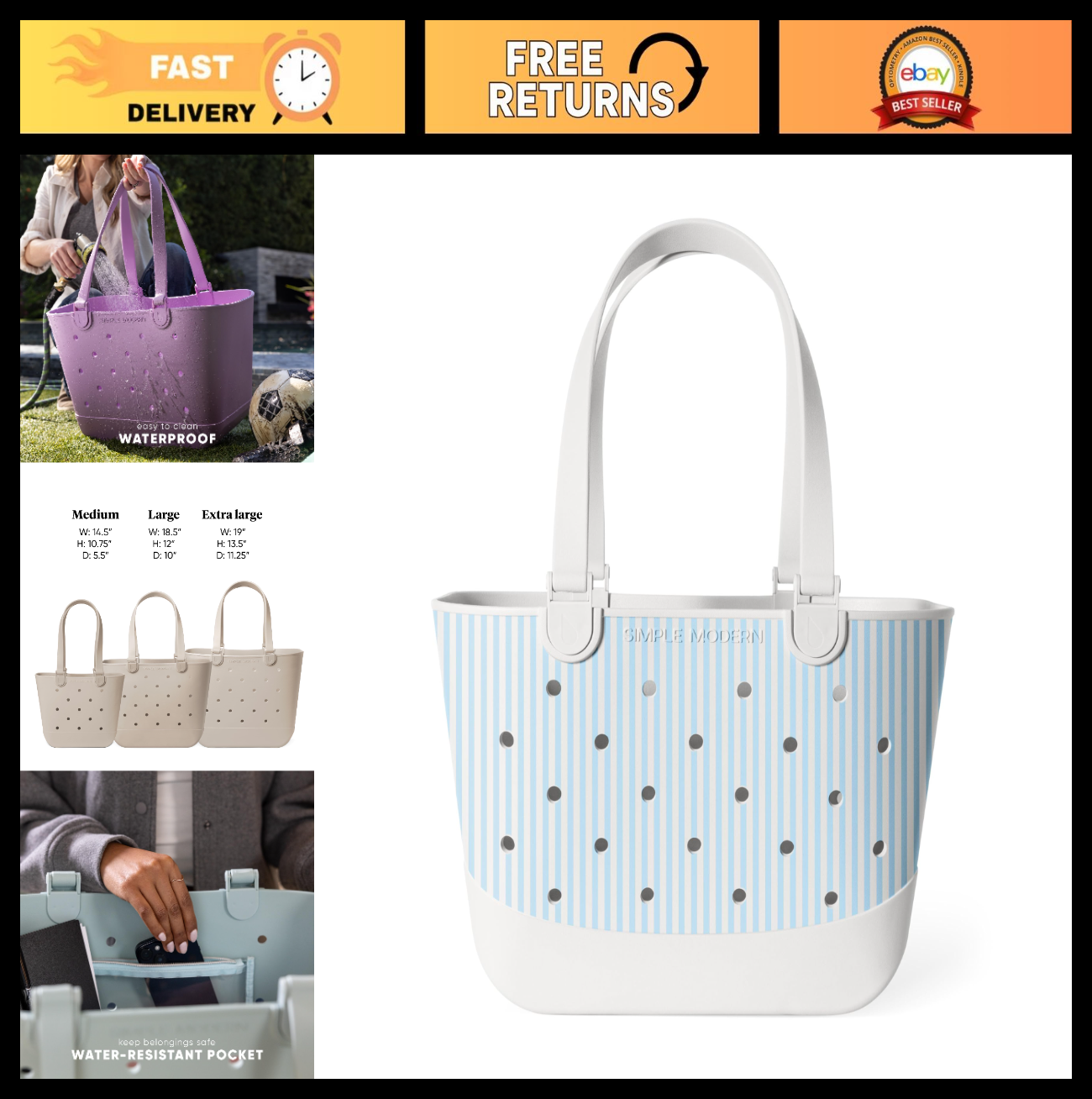 Large Waterproof Beach Tote Bag | Striped Getaway Bag with Zipper Pocket | Trave0