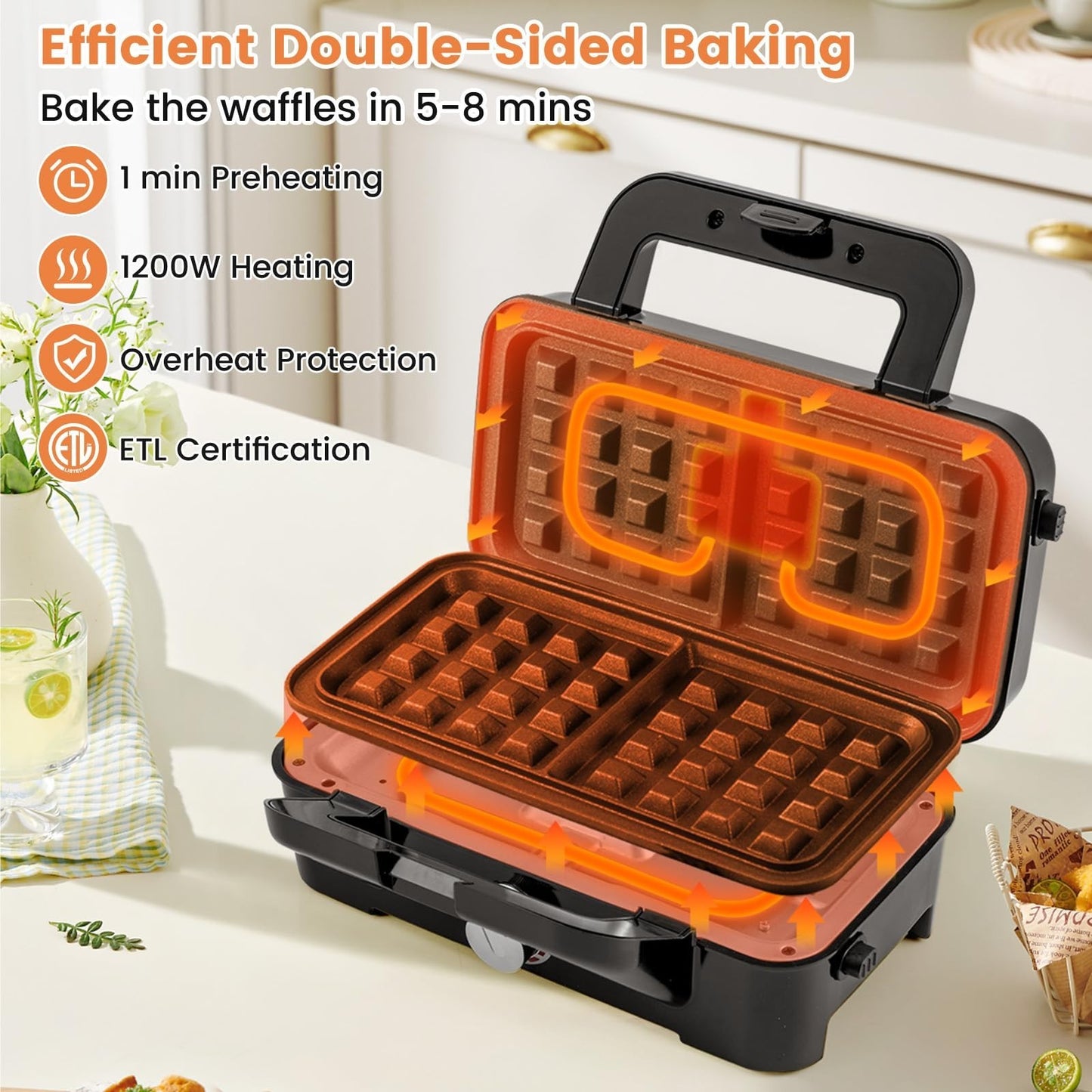 1200W Waffle Maker & Panini Grill - 3-in-1 Sandwich Maker with Non-Stick Plates4