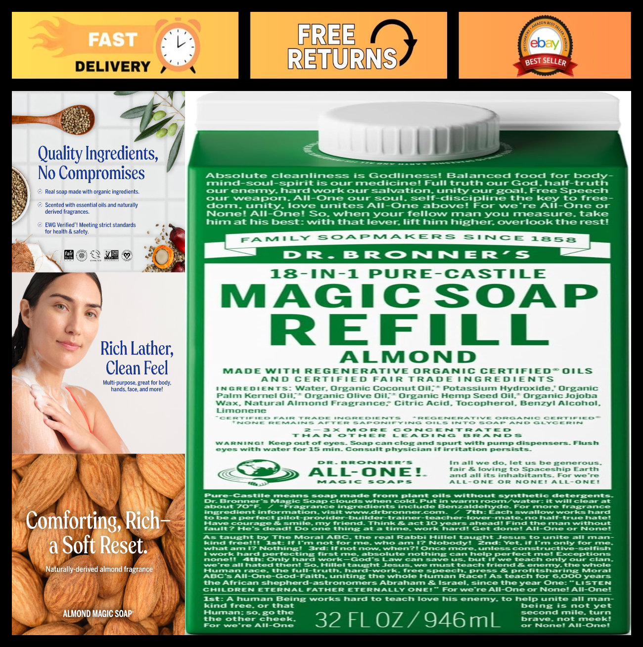 Pure-Castile Liquid Soap Refill - 18-in-1 Uses, Vegan Bath Soap, Almond, 32oz0