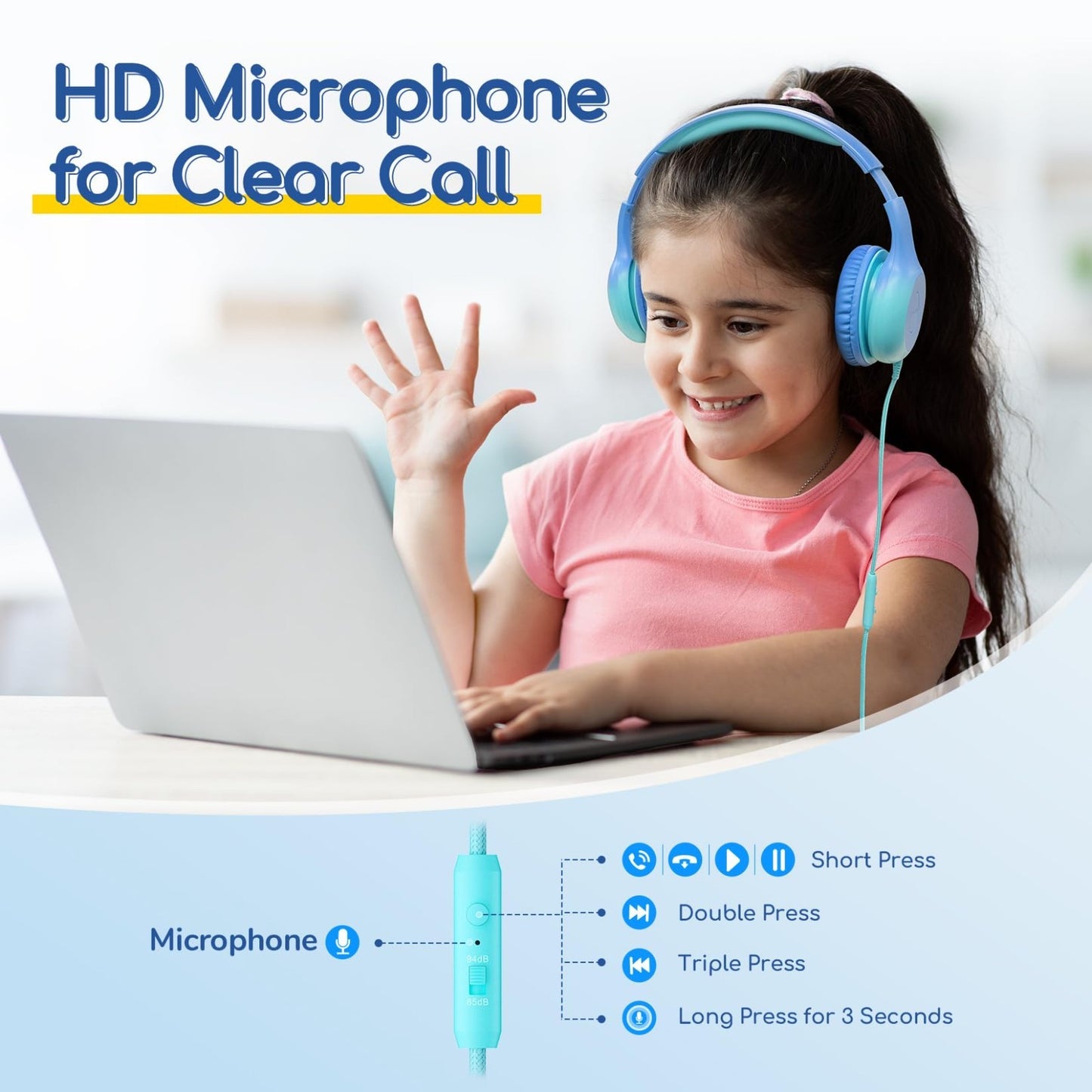 Wired Kids Headphones with Mic, USB Type C, 85dB Volume Limit, Foldable Stereo S6