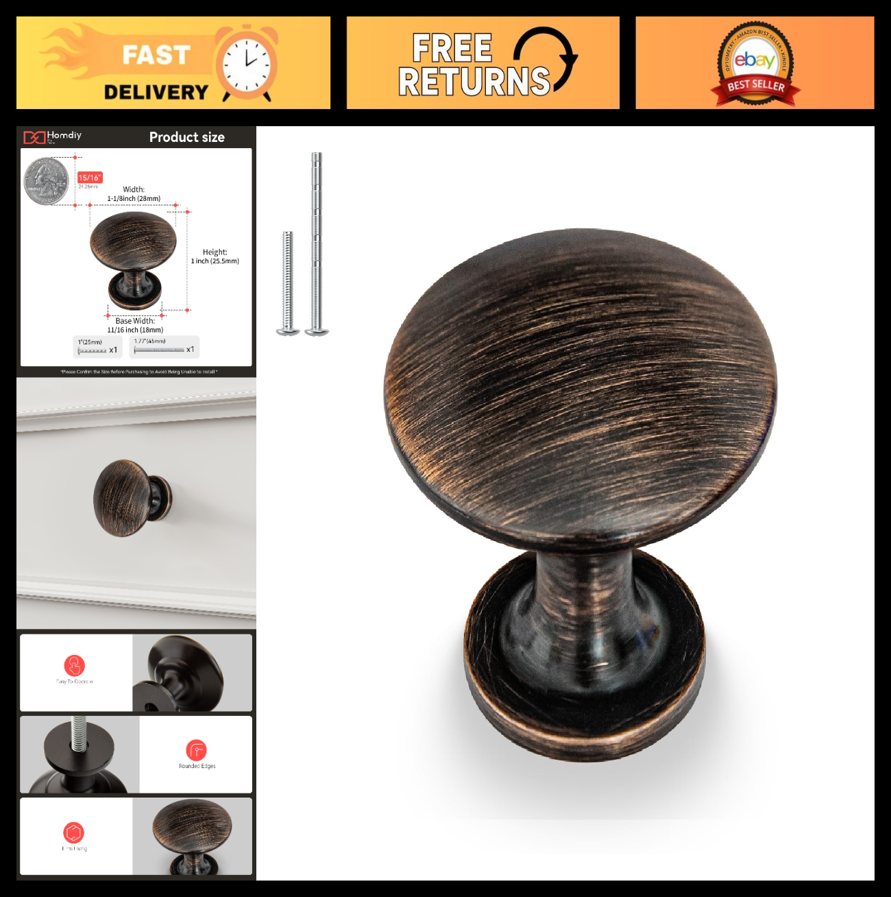 10 Pack Oil Rubbed Bronze Cabinet Knobs   Zinc Alloy, Rust Resistant, Easy Insta0