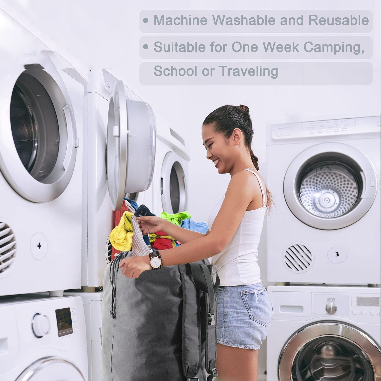 Lightweight Gray Laundry Backpack with Adjustable Straps & Drawstring - Travel H5