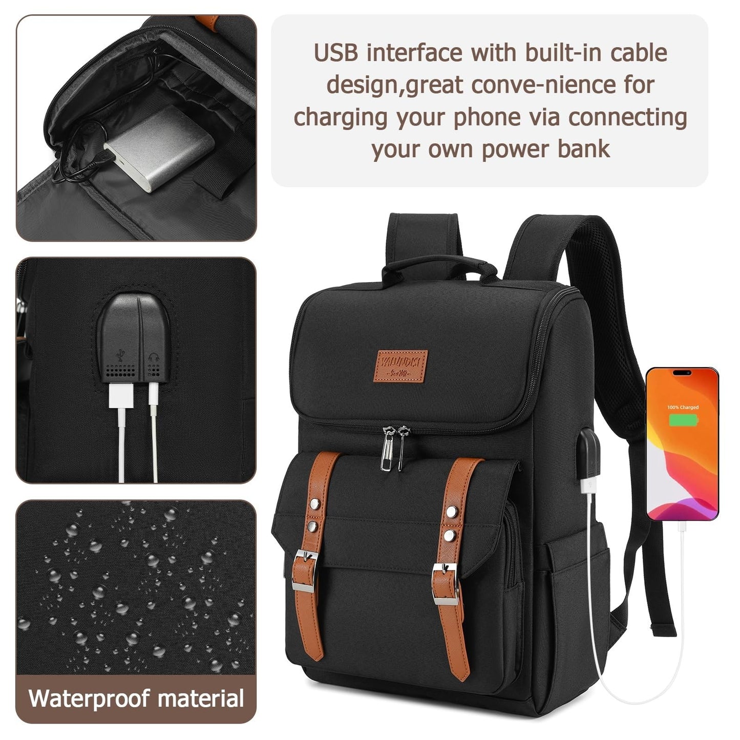 Vintage Travel Laptop Backpack with USB Charging Port for 15.6" Laptops - Black/2