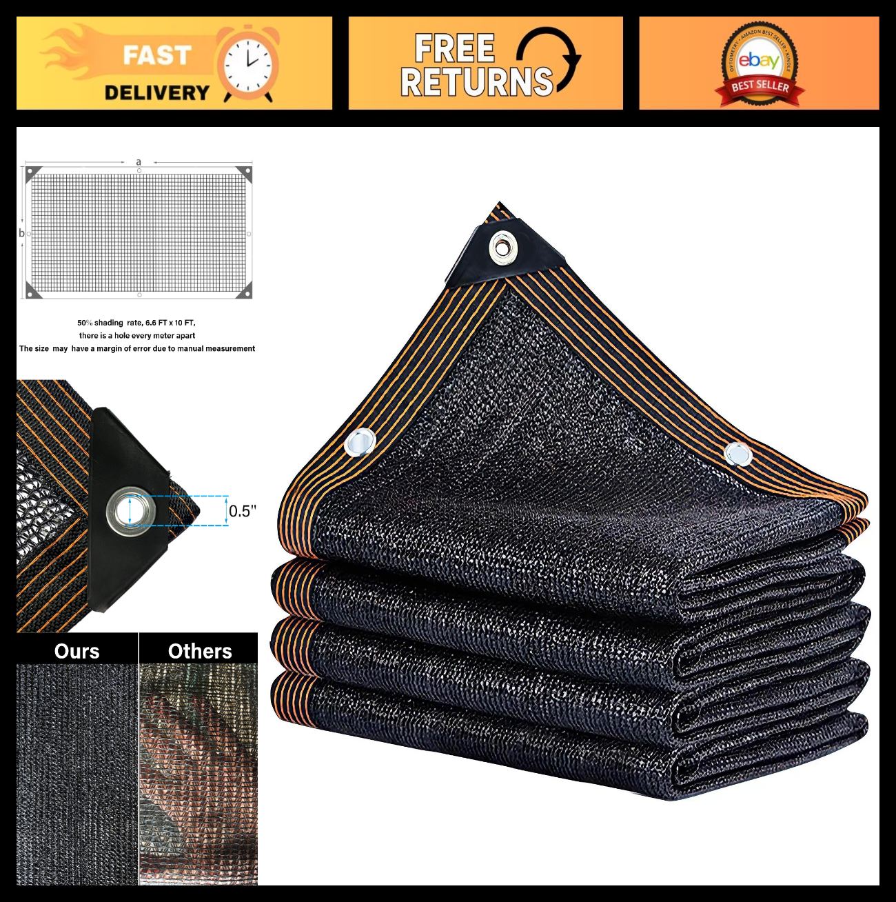 50% Black Shade Cloth 6.6x10 FT Durable Mesh Tarp with Grommets for Garden, Gree0