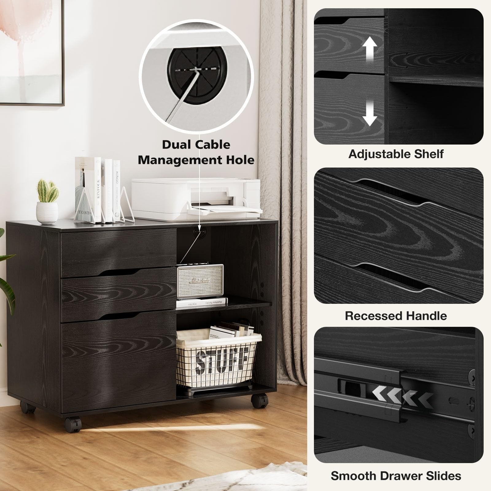 3 Drawer File Cabinet   Rolling Lateral Storage, Adjustable Shelves, Home Office4