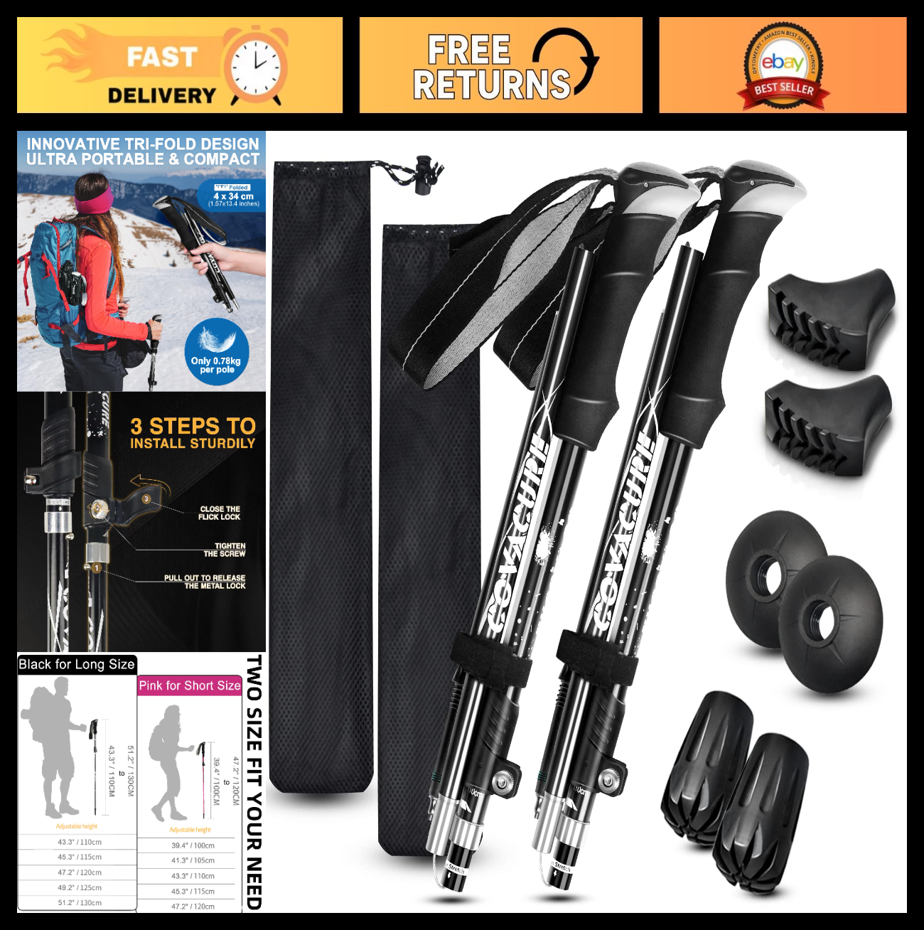 Collapsible Trekking Poles - Lightweight Aluminum Hiking Sticks, Telescopic & Fo0