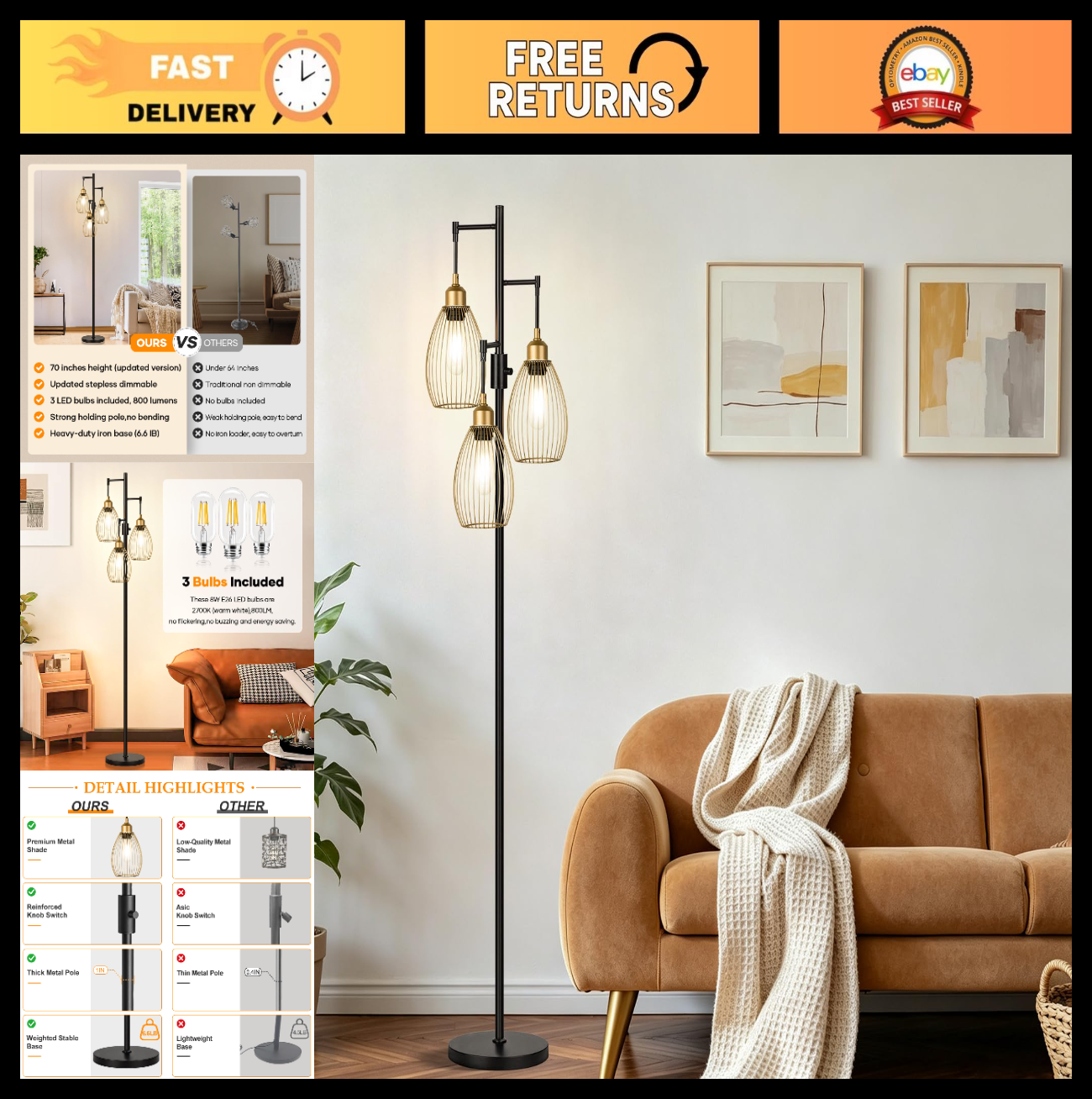 Dimmable Floor Lamp with 3 LED Bulbs, Industrial Tree Design, Tall Standing Ligh0