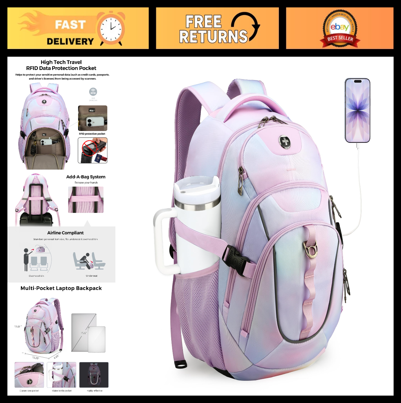 Stylish Pink Purple Laptop Backpack, Travel Bag with Multiple Compartments, Dura0