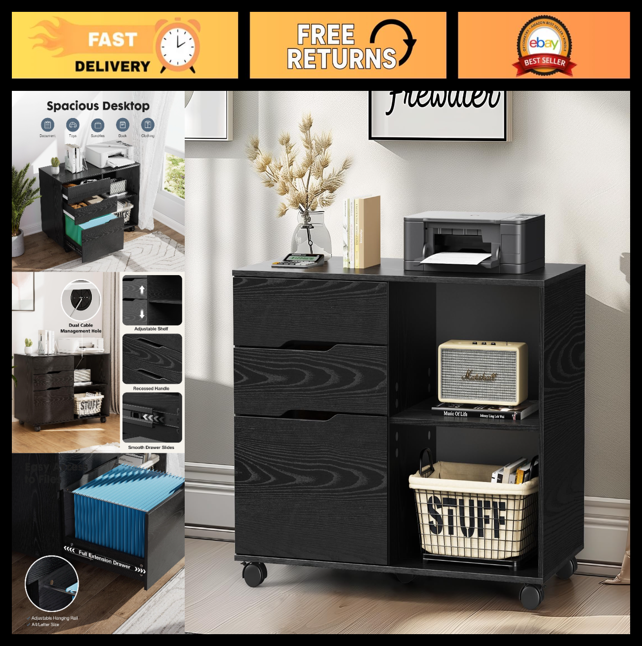 Wood File Cabinet with 3 Drawers, Rolling Printer Stand, Under Desk Storage Orga0