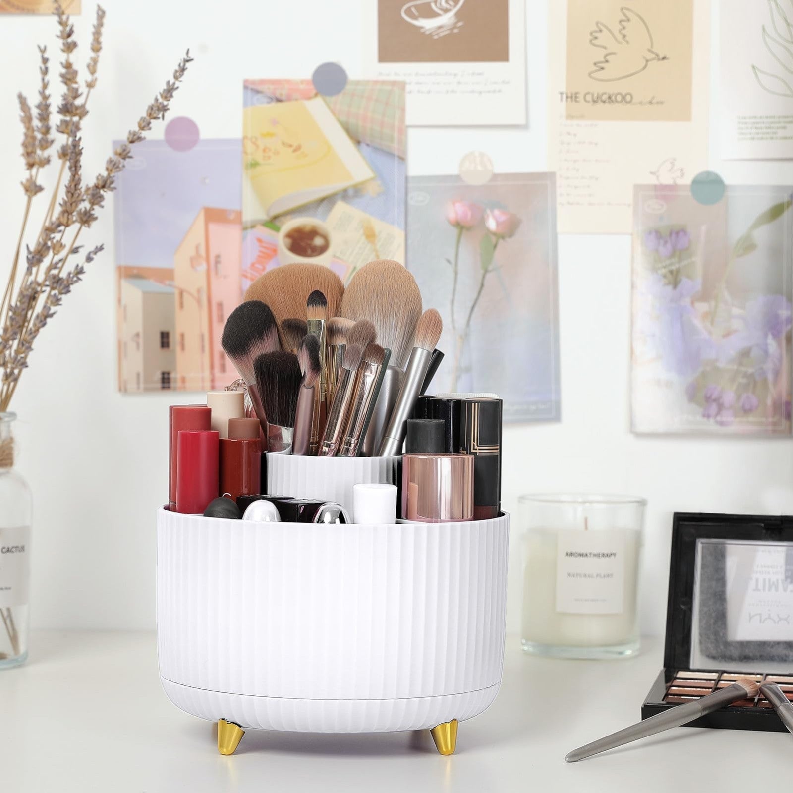 360° Rotating Pen & Pencil Holder   Dual Purpose Desk Organizer with 5 Slots, Wh4