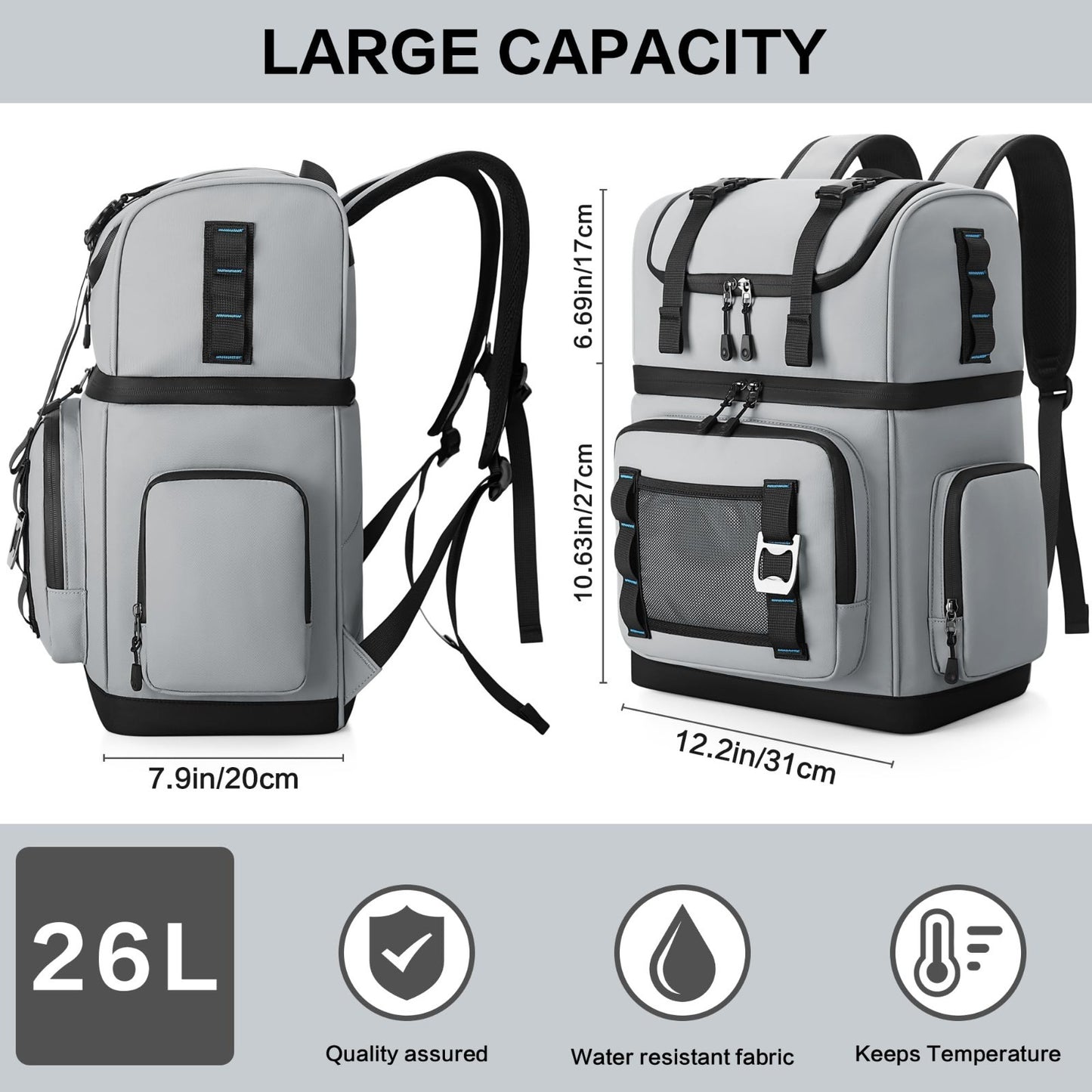 Large Waterproof Insulated Cooler Backpack - Leak Proof, Double Decker, 26L, Ide2