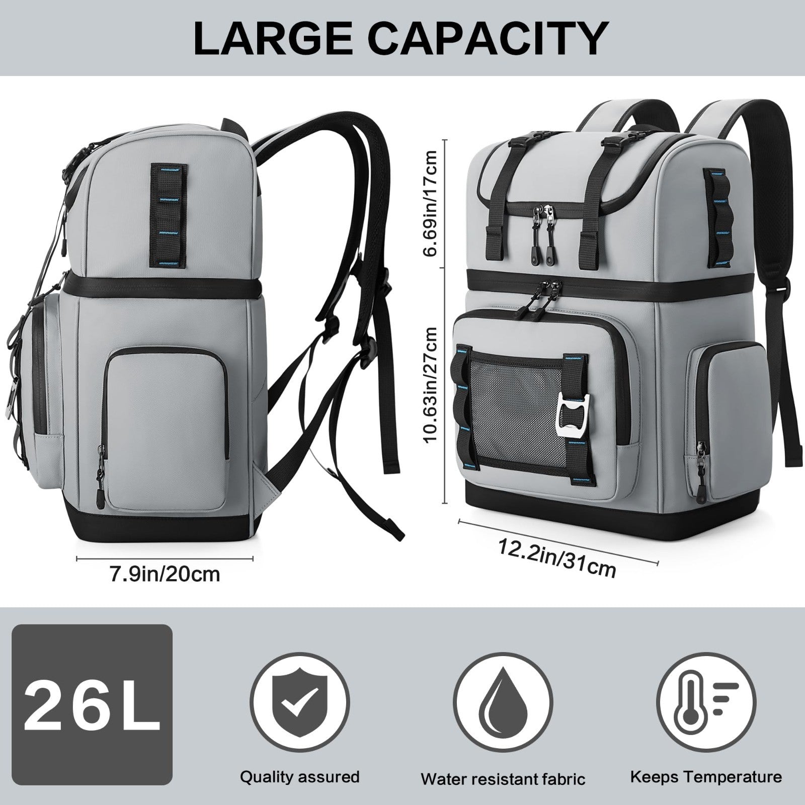 Large Waterproof Insulated Cooler Backpack - Leak Proof, Double Decker, 26L, Ide2