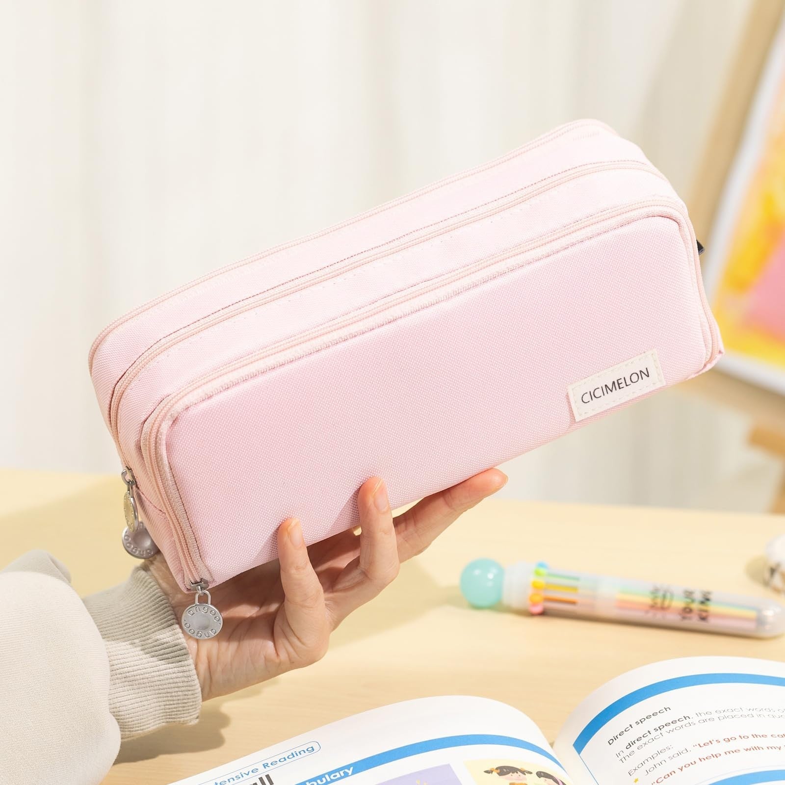Large Capacity 3 Compartment Pencil Case Pouch for School, Teens & Adults   Pink2