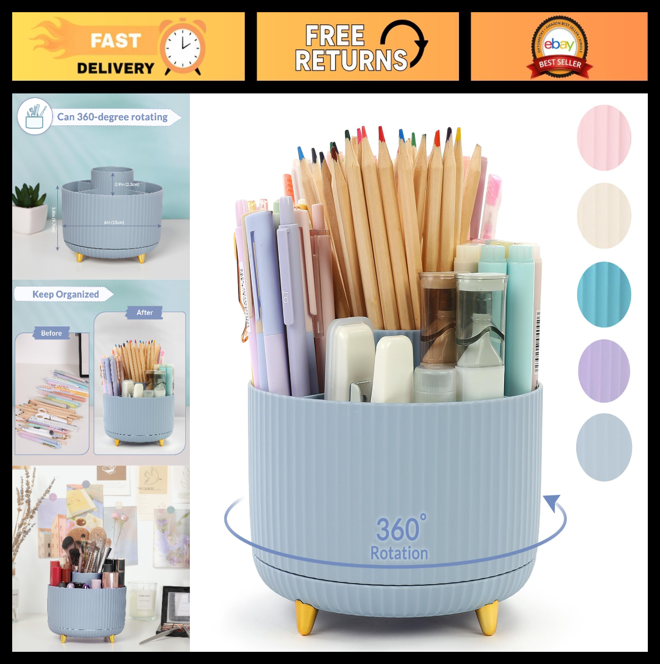 360° Rotating Desk Organizer   Dual Purpose Pen Holder with 5 Slots, Office & Ho0