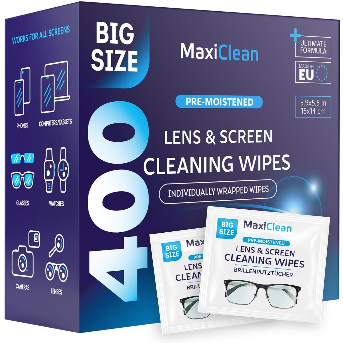 Pre-Moistened Lens Wipes - 400 Individually Wrapped Glasses & Screen Cleaners -1