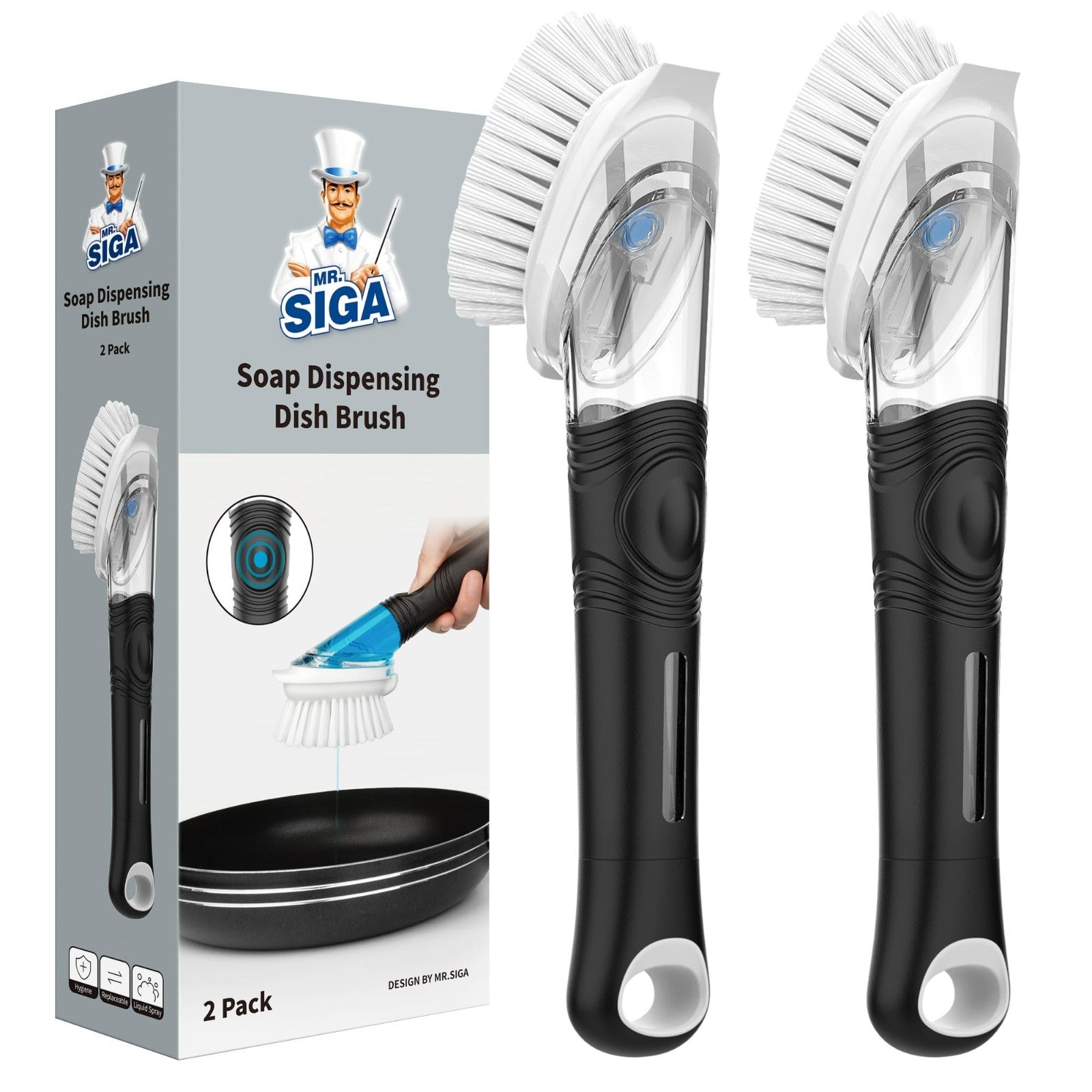 2 Pack Soap Dispensing Dish Brush Set   Kitchen Scrubber for Pots & Pans, Sink C1