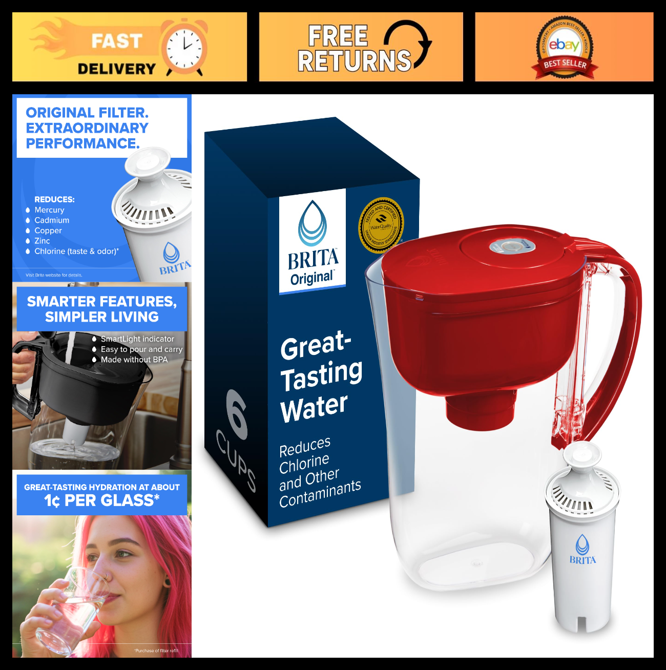 Water Filter Pitcher with SmartLight Indicator, BPA Free, 6 Cup Capacity, Red0