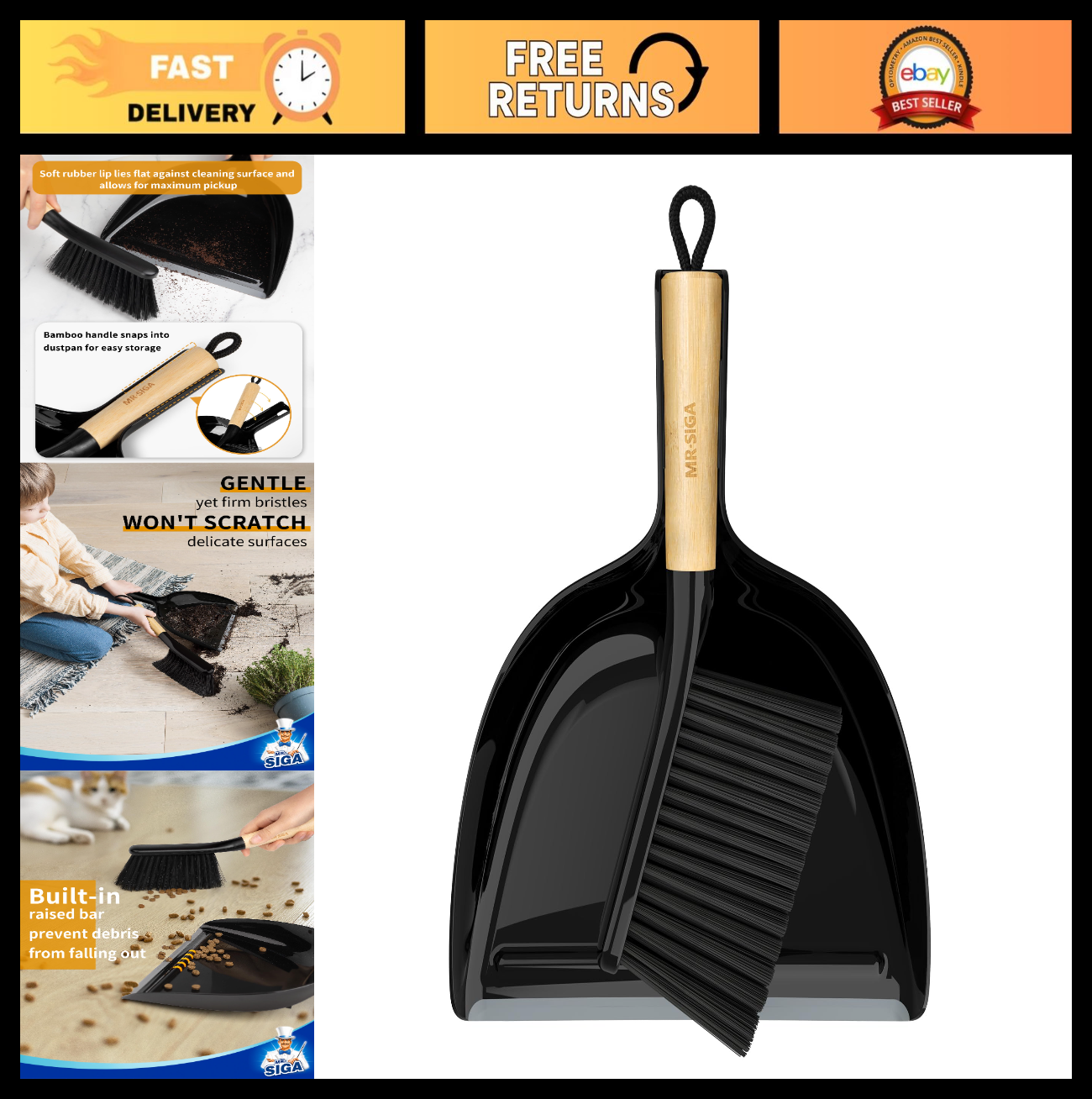 Dustpan and Brush Set - Bamboo Handle, Handheld Combo with Hanging Loop, Small B0