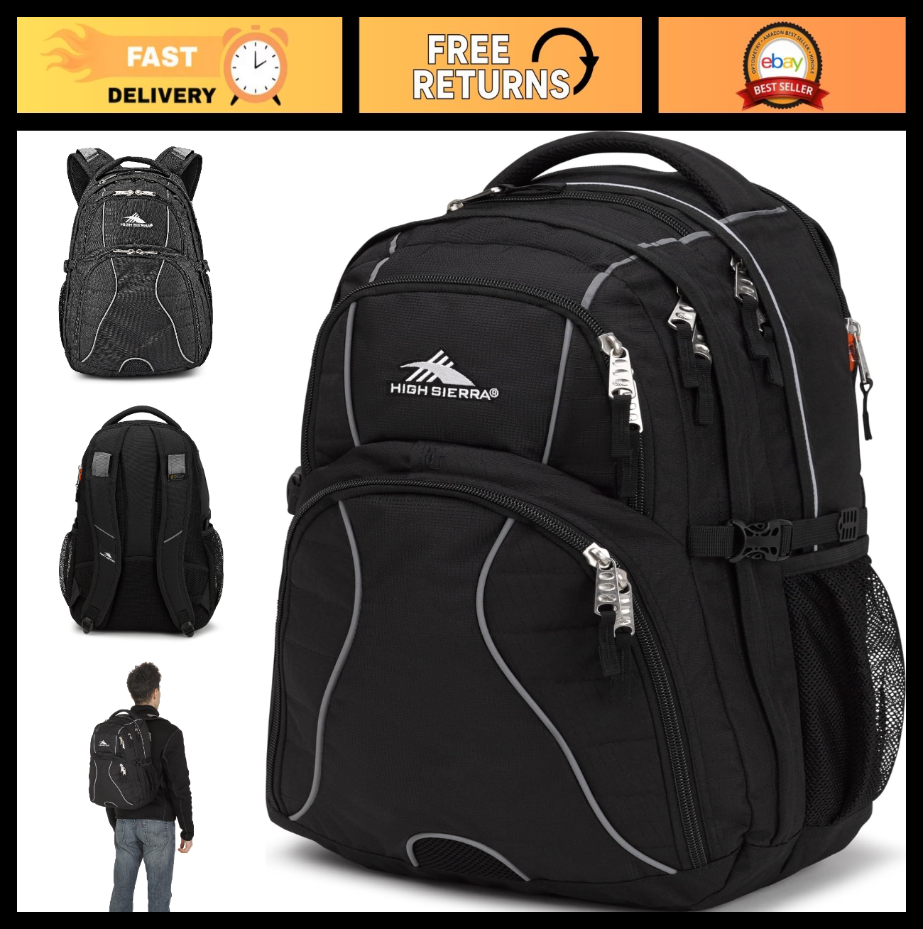 Versatile Black Laptop Backpack, Water Resistant, Fits Most 15" Laptops, One Siz0
