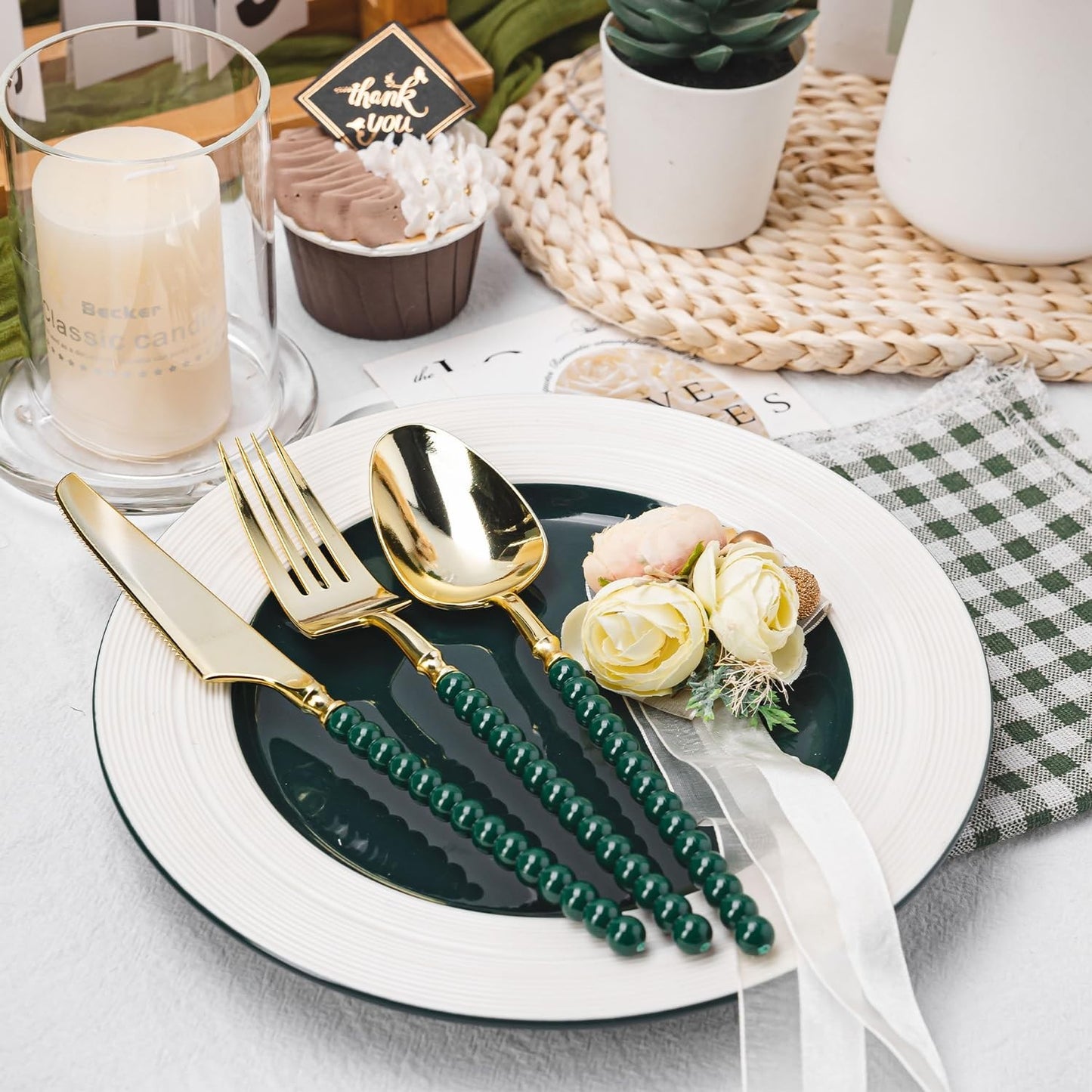150 Pcs Gold Plastic Cutlery Set | Fancy Disposable Utensils with Green Beads, 52