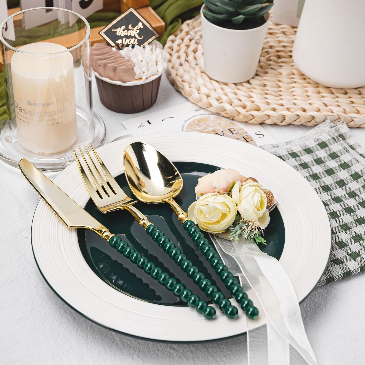 150 Pcs Gold Plastic Cutlery Set | Fancy Disposable Utensils with Green Beads, 52