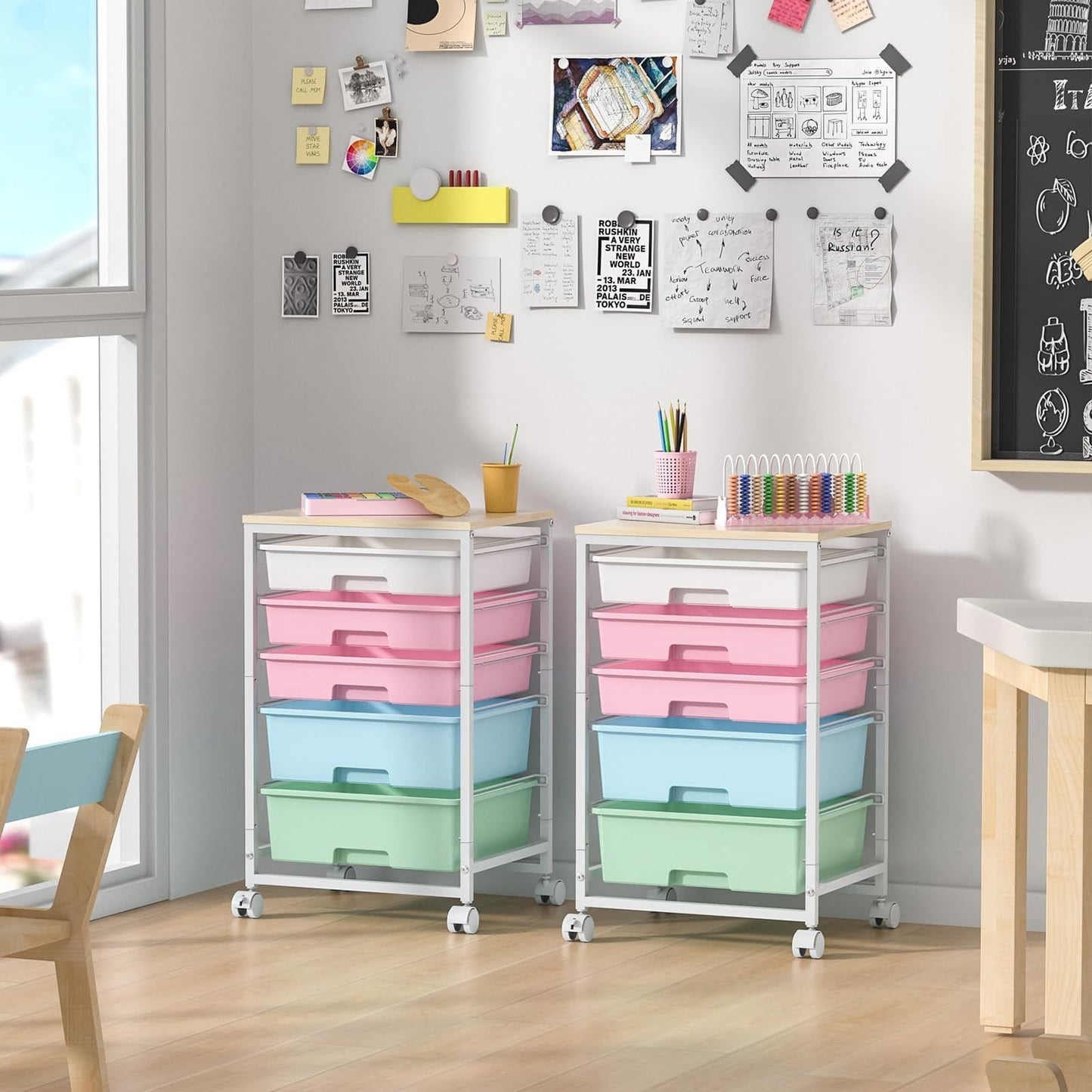 5 Drawer Utility Cart with Wooden Top, Rolling Storage Trolley with Lockable Whe6
