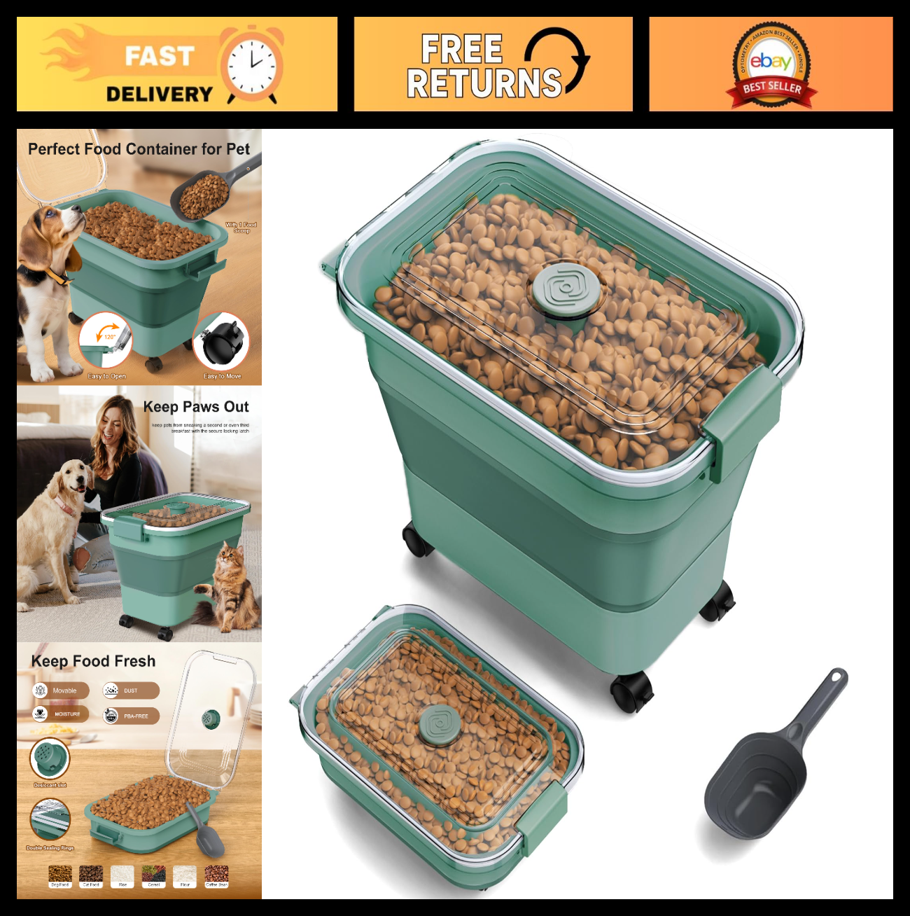 Collapsible Dog Food Storage Container, 15 23 Lbs, Airtight, Wheels & Scoop, Tra0