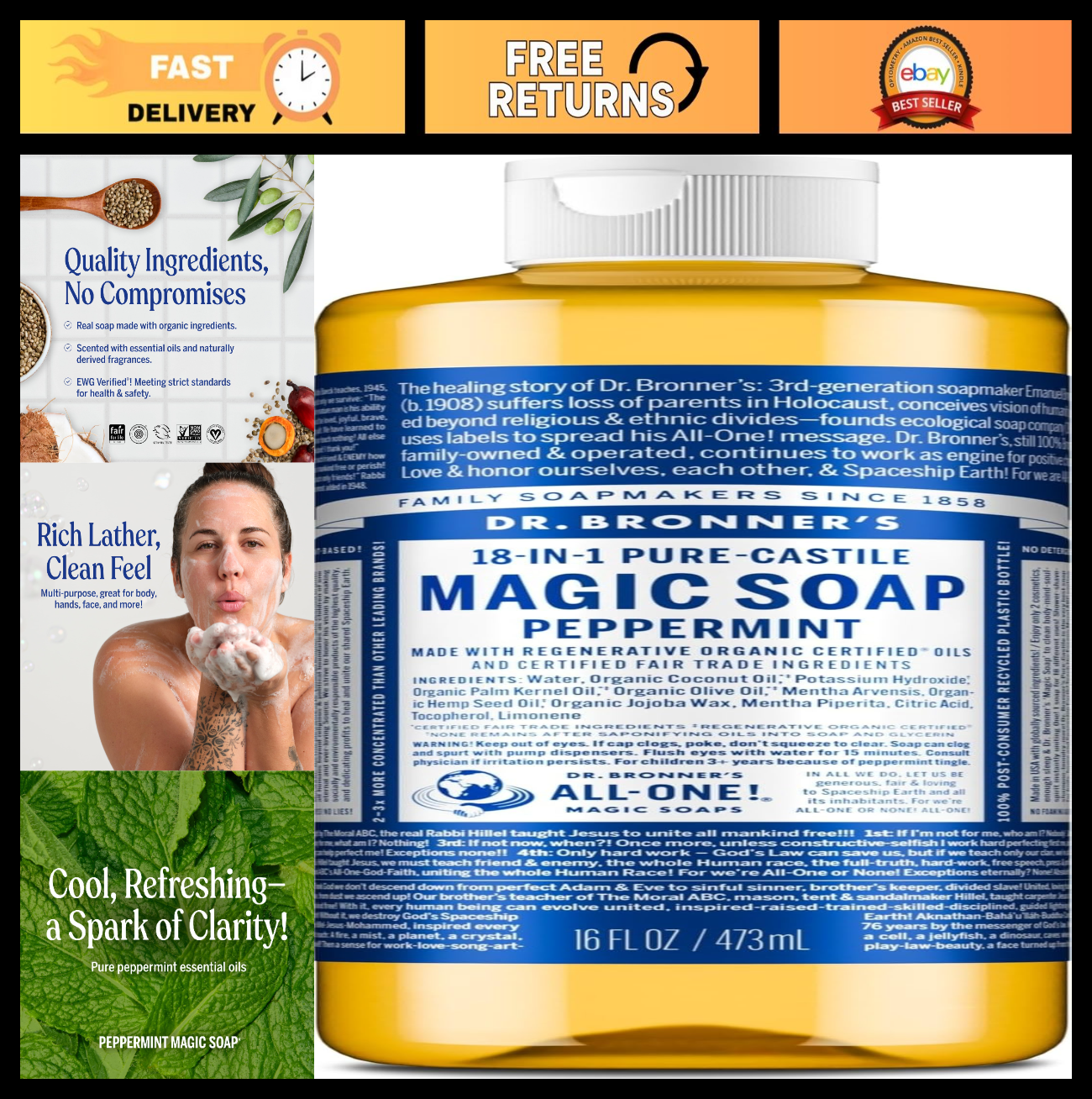 Peppermint Pure-Castile Liquid Soap 16 oz - 18-in-1 Uses: Body Wash, Shampoo, Ha0