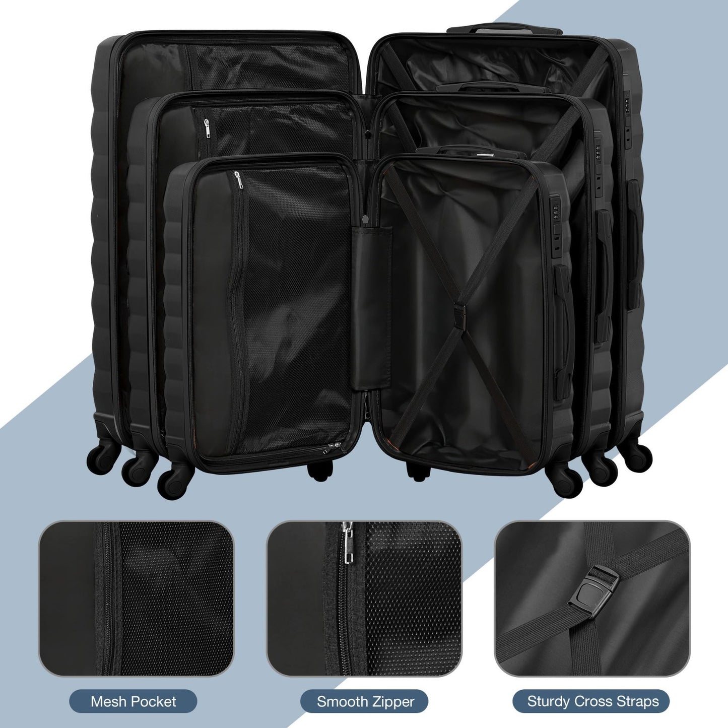 3-Piece Hard Shell Luggage Set with Spinner Wheels, Carry-On Suitcase & Packing6